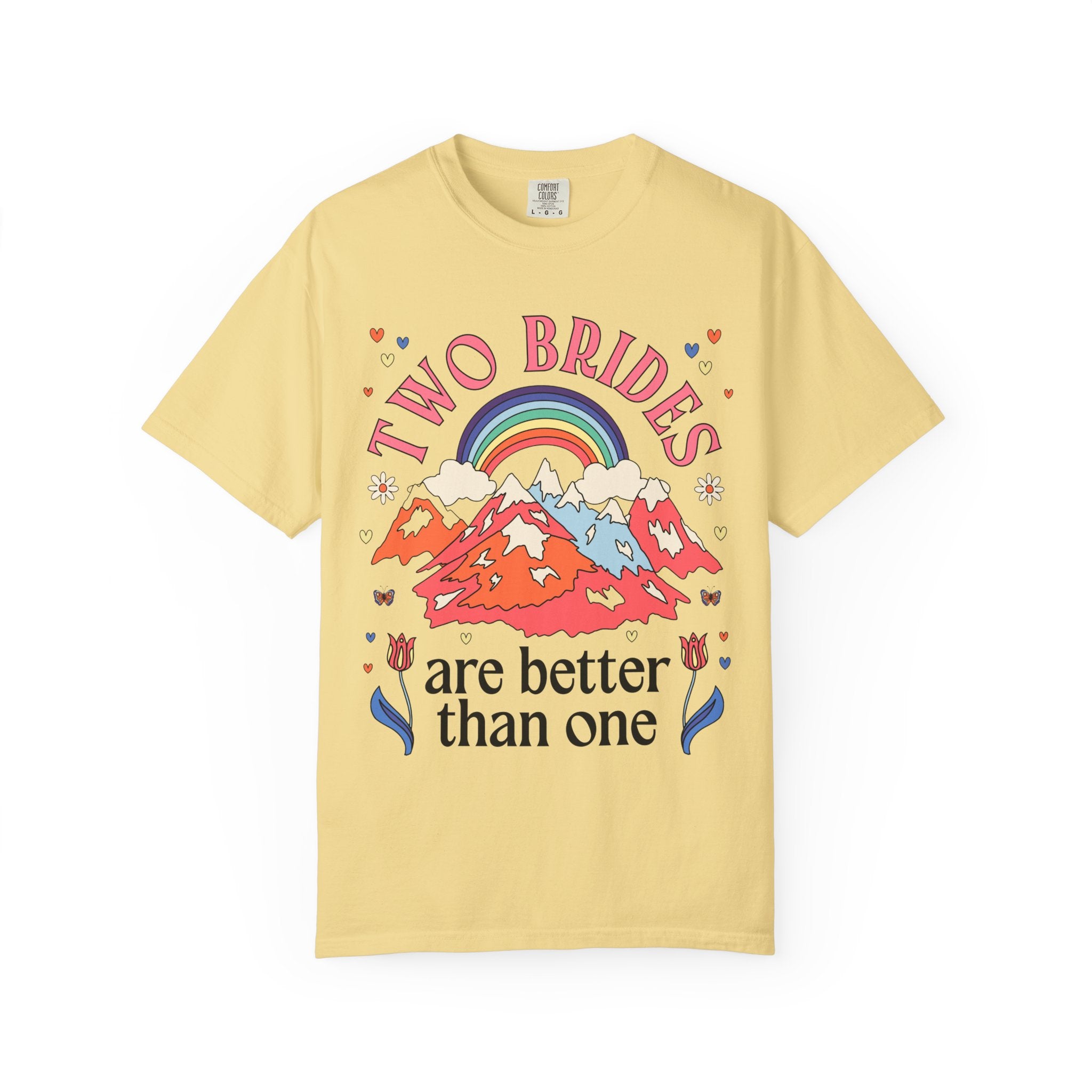 Lesbian Bachelorette Tee Shirt for LGBTQ Wedding Party: Two Brides are Better Than One Nostalgic 70s Aesthetic Rainbow Tee for Bridesmaids