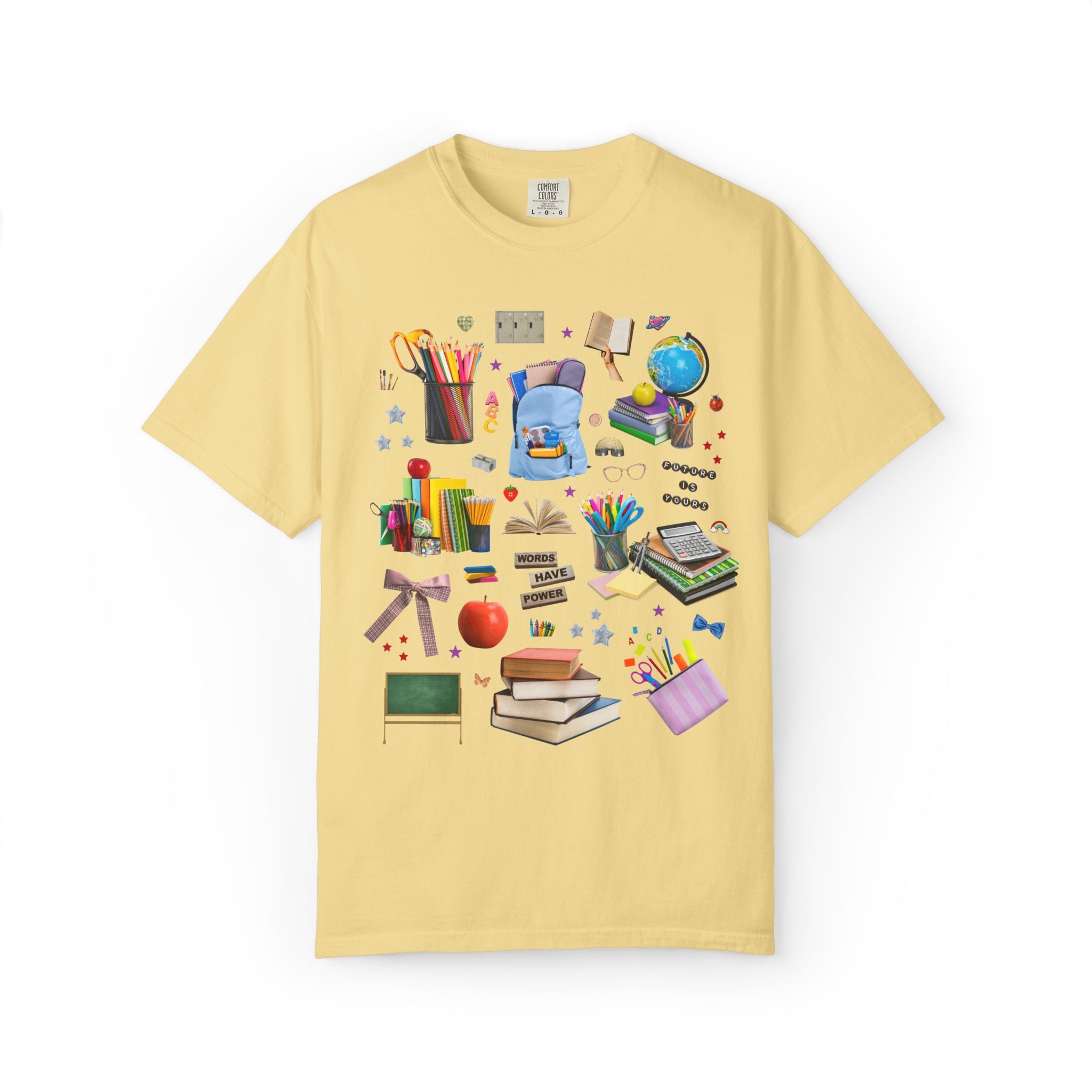 School Supply Matching Teacher T-Shirt for History Department or Middle School Office Staff, Words Have Power Education Collage with Stars