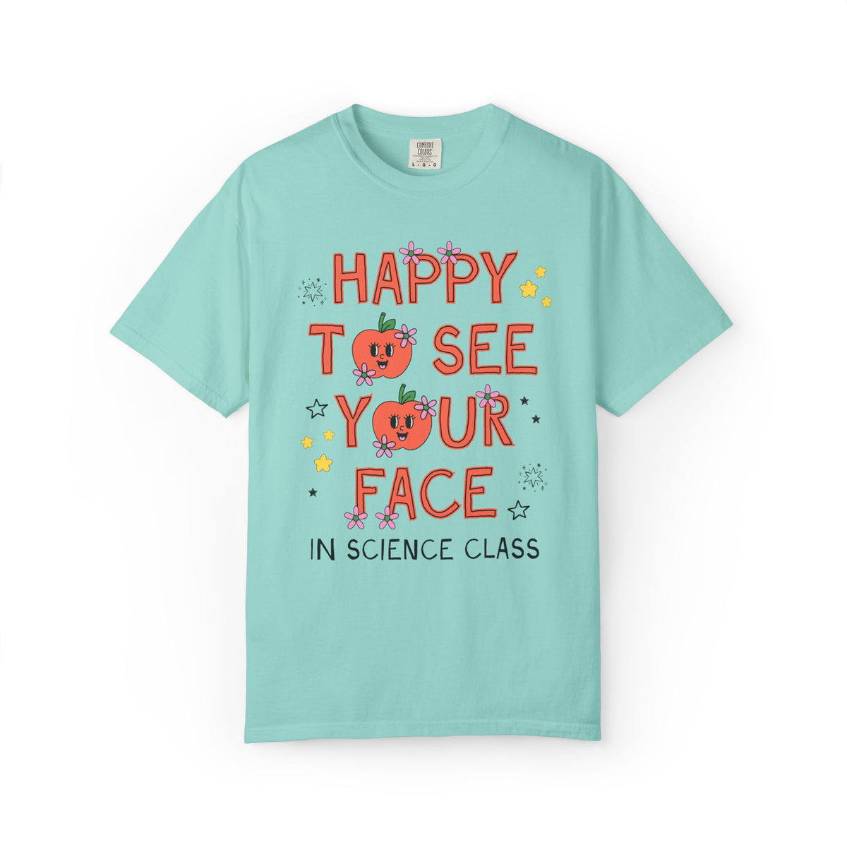 Science Teacher Team Tee Shirt: Happy to See Your Face | Cute Back to School T-Shirt with Retro Apples and Flowers, First Day of School
