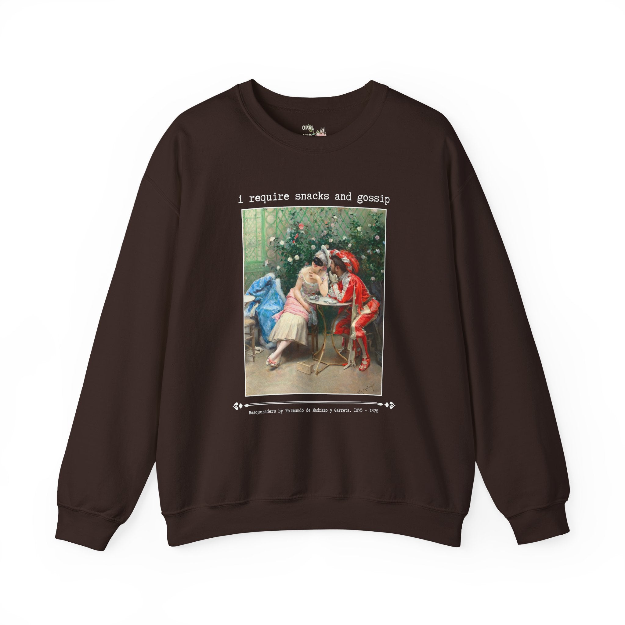 Funny Art History Sweatshirt for Friend Who Loves Snacks and Rococo Art: I Require Snacks and Gossip, Silly Vintage Aesthetic Crewneck with Flowers