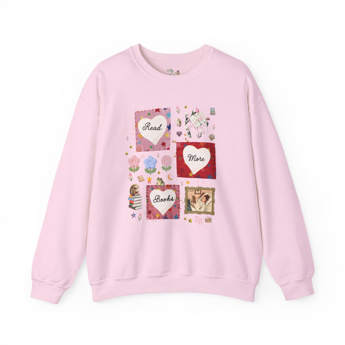 Read More Books Maximalist Collage Sweatshirt with Hearts and Flowers, Whimsy Kitschy Soft Girl Style Crewneck for Book Lover or Bookworm