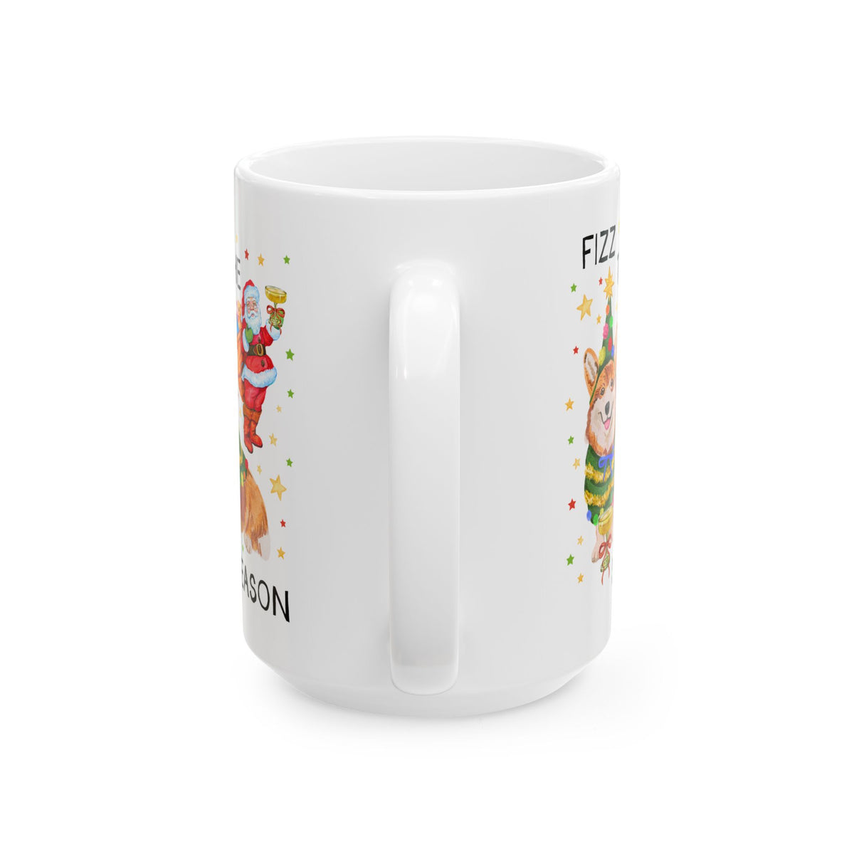 Fizz the Season: Funny Santa and Corgi Christmas Coffee Mug with Stars, Cute Holiday Drinking 15 Oz Coffee Mug for Friend Group or Family