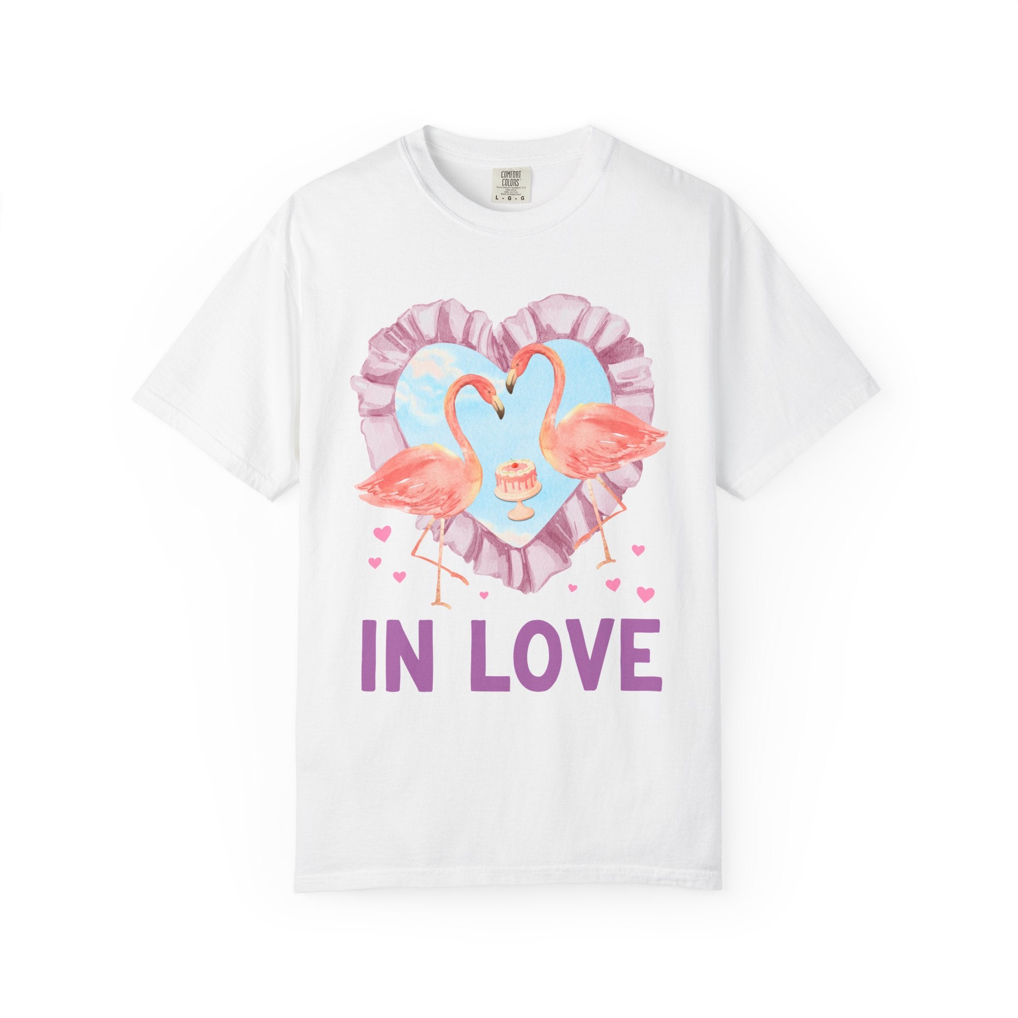 Kitschy Wedding Bachelorette Party Tee Shirt, Ruffle Heart and Flamingoes: Silly 90s Aesthetic Animal Lover Tee, Bridal Party, Bridesmaids