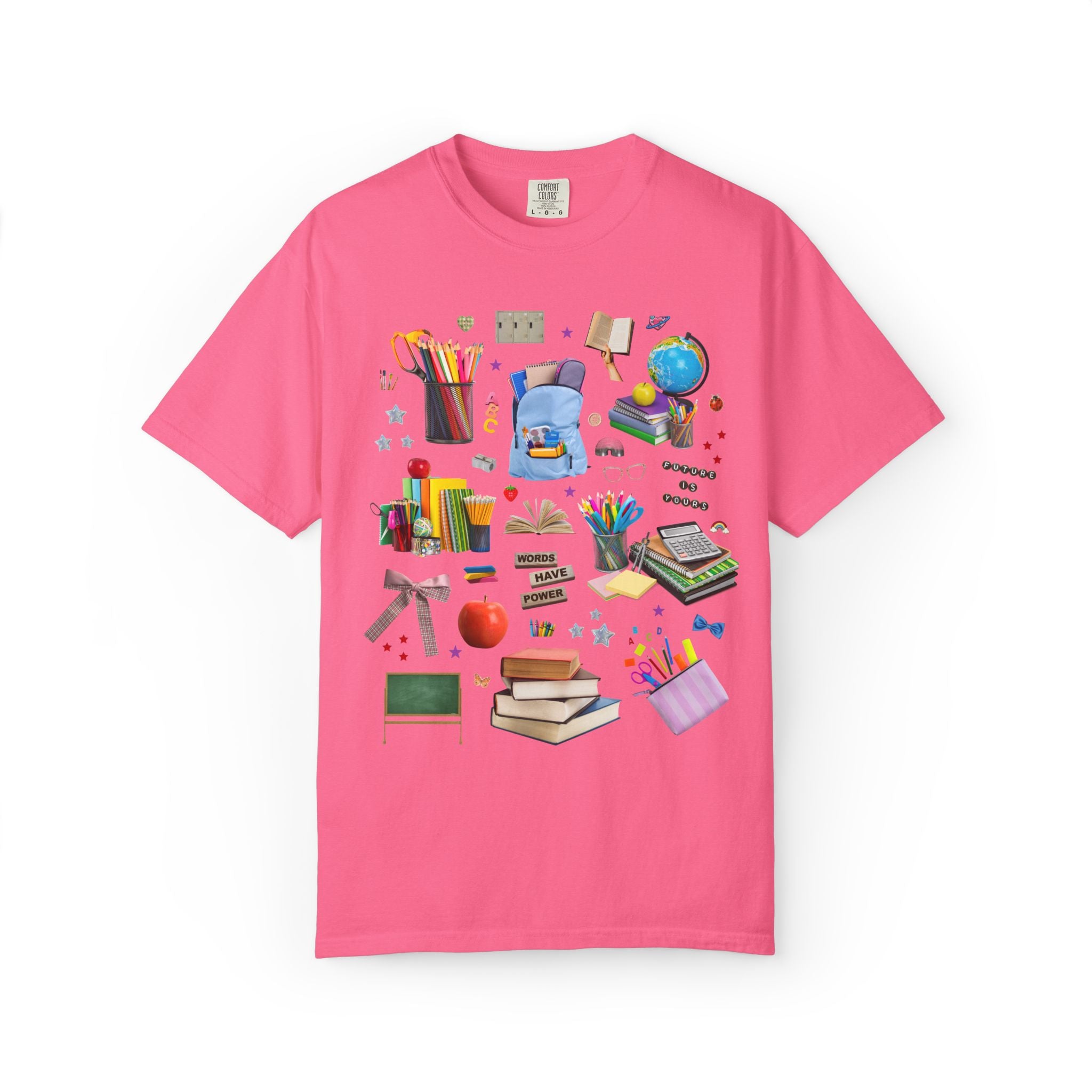School Supply Matching Teacher T-Shirt for History Department or Middle School Office Staff, Words Have Power Education Collage with Stars