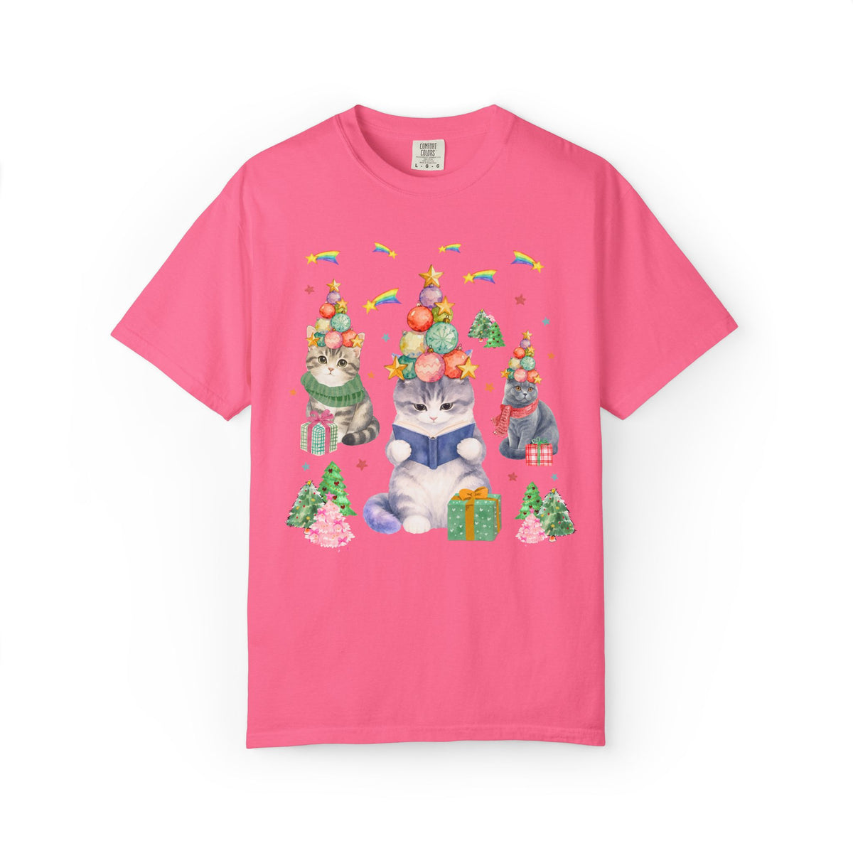 Bookish Cat Christmas Tee Shirt with Shooting Rainbow Stars, Funny Dreamcore Kitten 90s Aesthetic T-Shirt for Cat Mom or Cat Dad, Animal Lover Tee