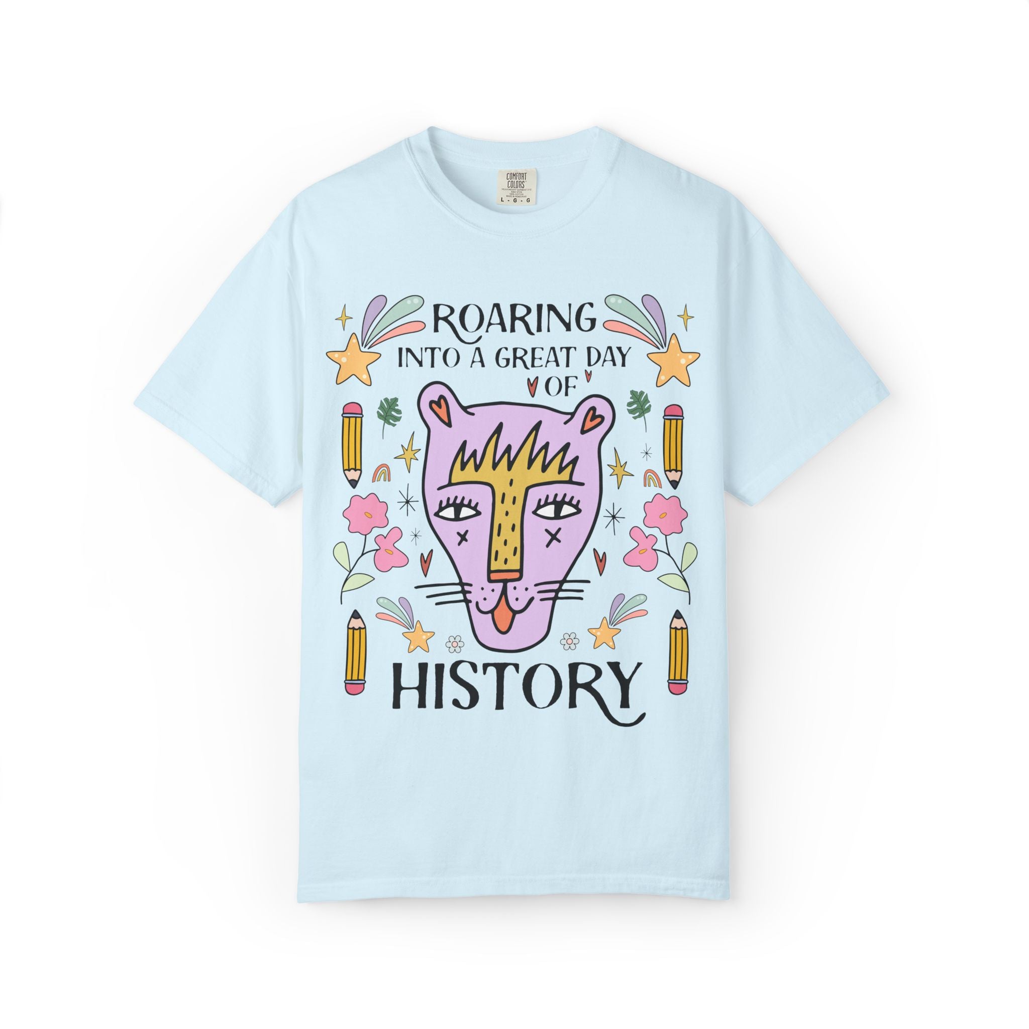 High School History Tee Shirt: Roaring Into a Great Day of Reading | Cute Eclectic Matching Teacher History Department Tee for Animal Lover