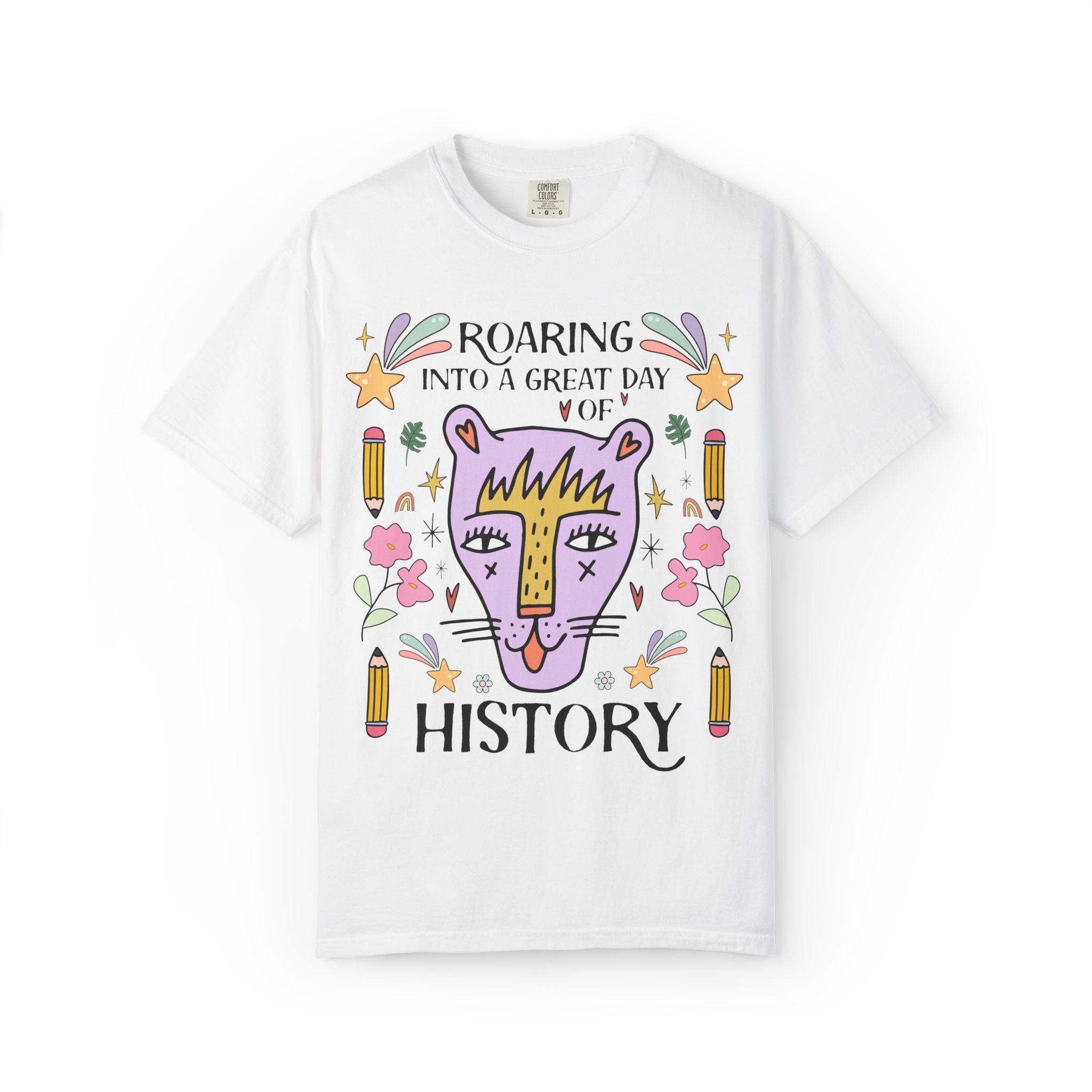 High School History Tee Shirt: Roaring Into a Great Day of Reading | Cute Eclectic Matching Teacher History Department Tee for Animal Lover