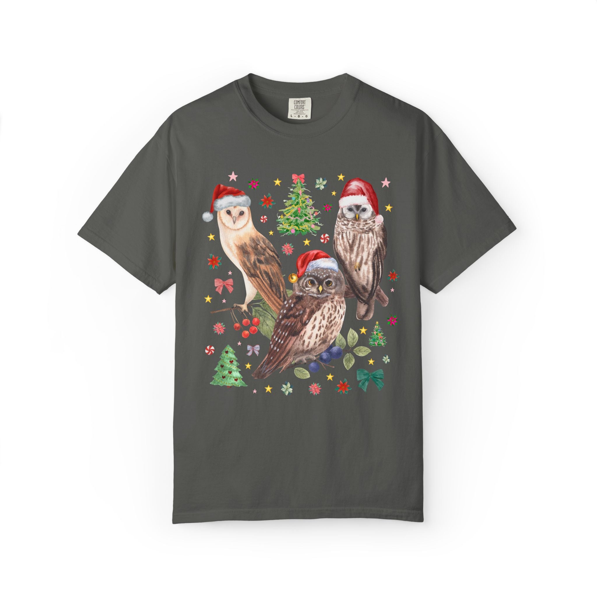 Christmas Owl Animal Lover Tee Shirt with Owls Wearing Santa Hats, Funny Nostalgic 90s Aesthetic Maximalist Tee, Bird Lover or Birdwatcher