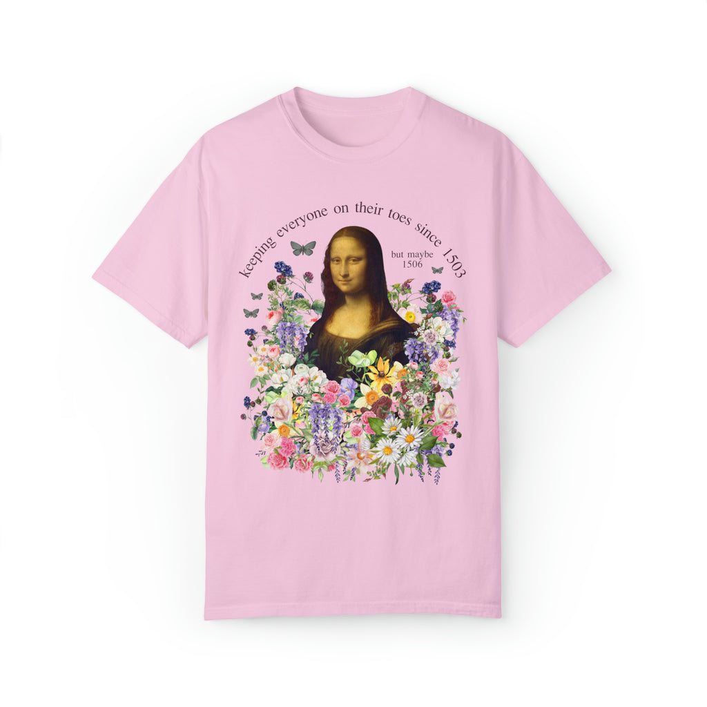 tee shirt of the Mona Lisa with flowers and butterflies