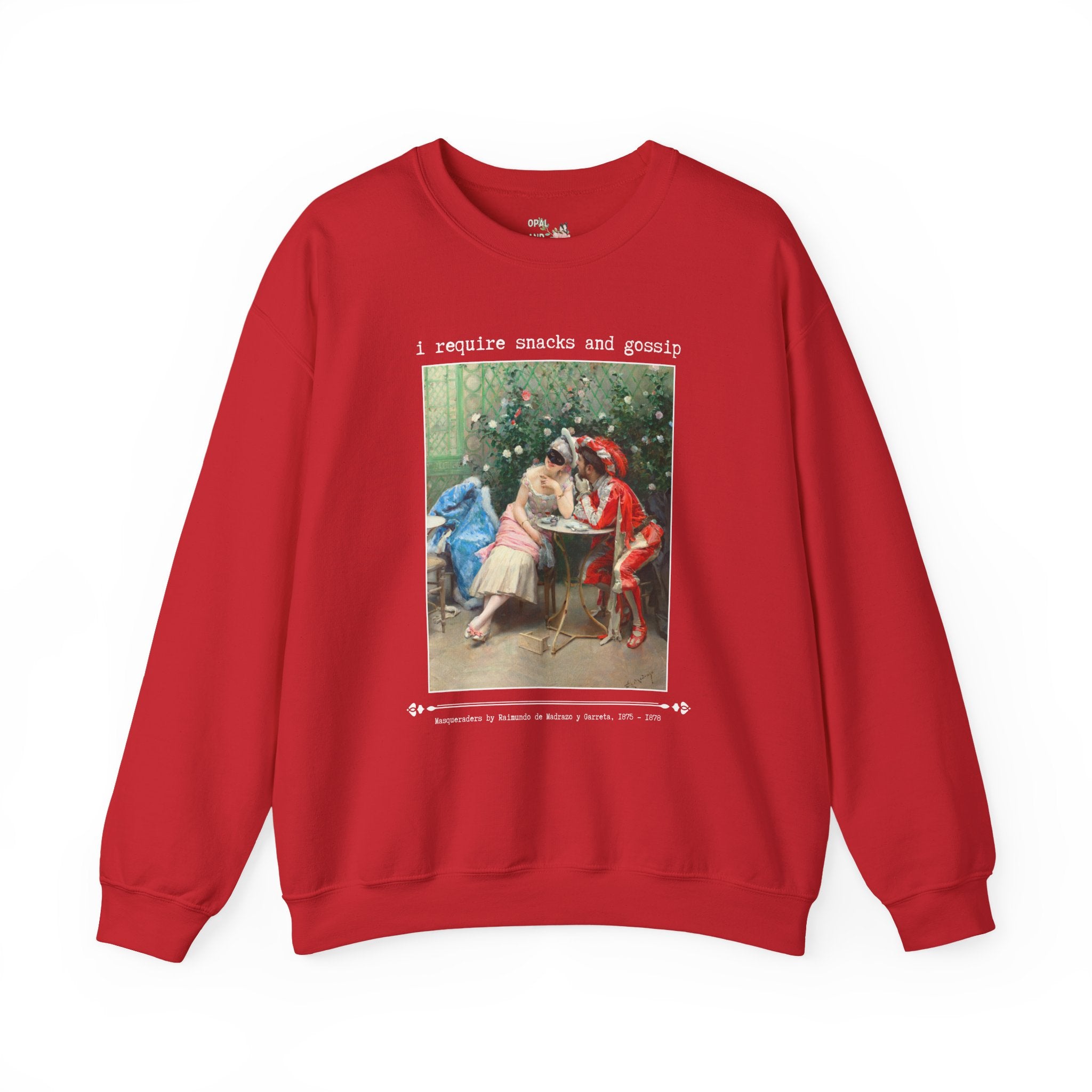 Funny Art History Sweatshirt for Friend Who Loves Snacks and Rococo Art: I Require Snacks and Gossip, Silly Vintage Aesthetic Crewneck with Flowers