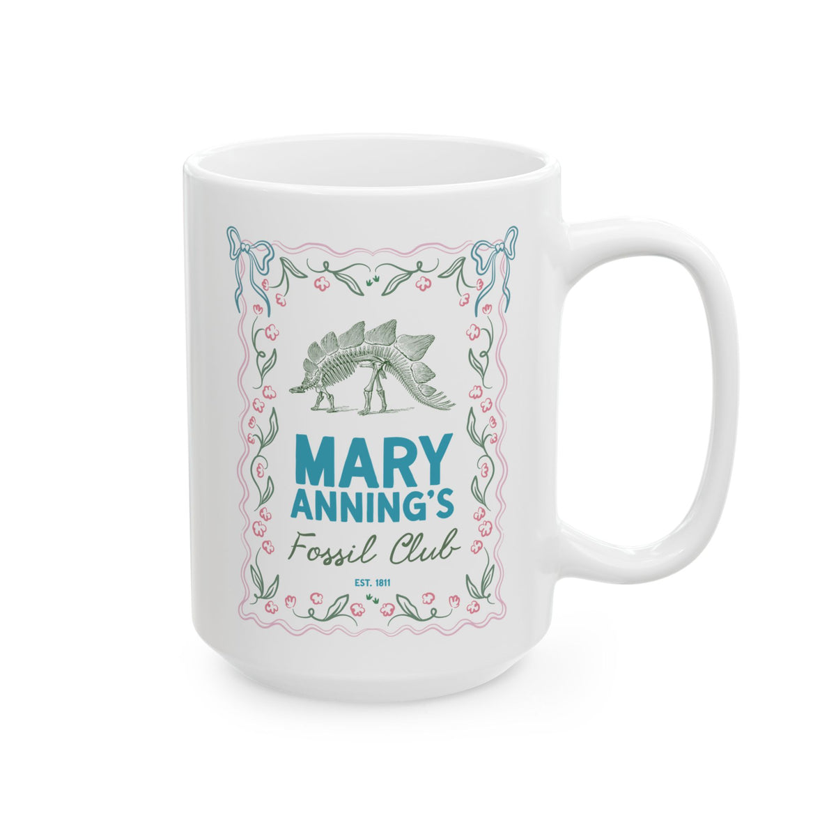 Mary Anning's Fossil Club Coffee Mug with Bows: Women's History Paleontologist or Dinosaur Lover Gift for UK History Buff