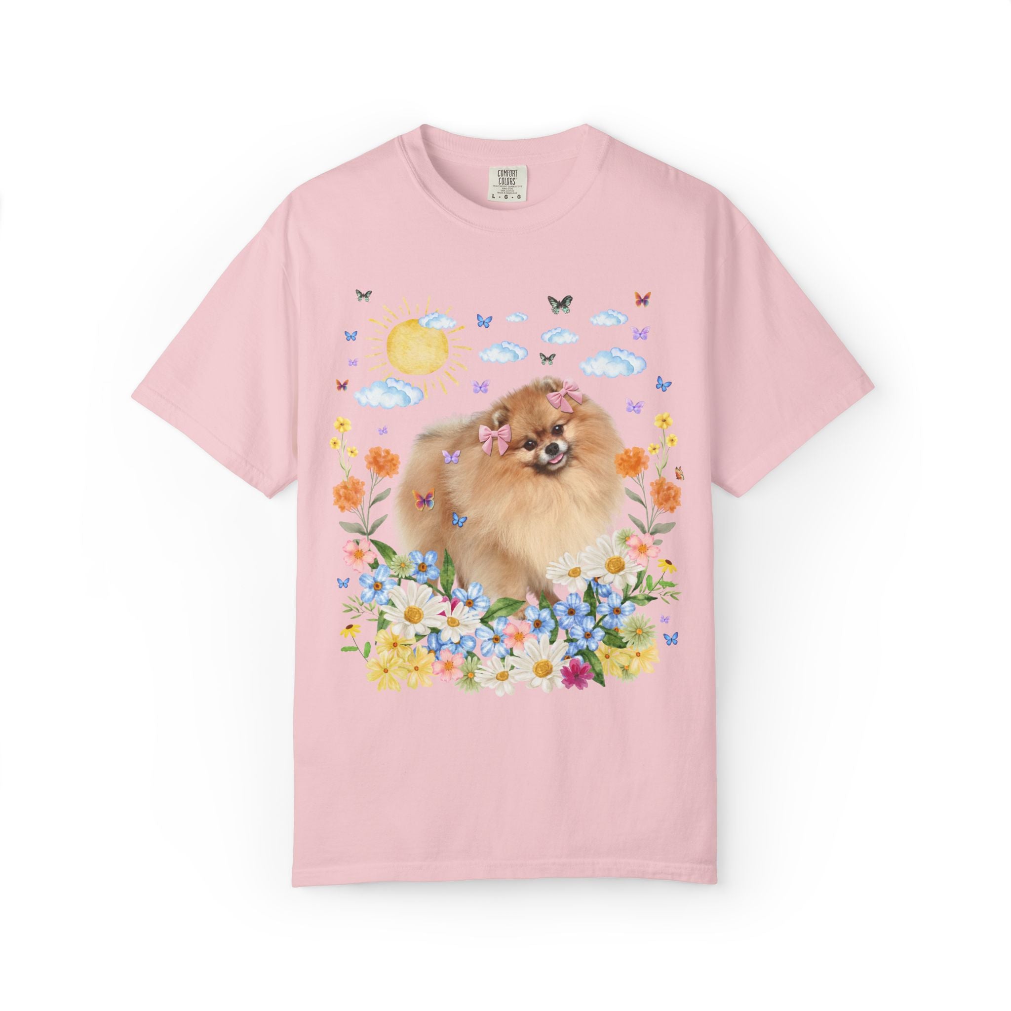 Funny Pomeranian Owner Dog Lover Gift with Flowers: Silly 90s Aesthetic Dog Parent T-Shirt with Butterflies, Nostalgic Puppy Lover Tee