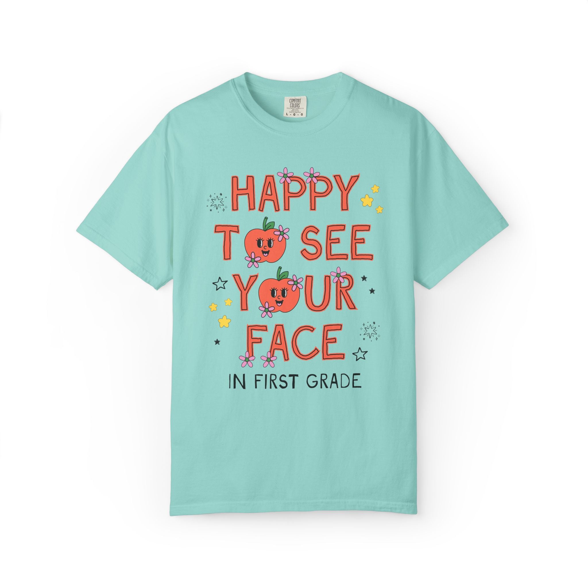 First Grade Teacher Team Tee Shirt: Happy to See Your Face | Cute Back to School T-Shirt with Retro Apples and Flowers, First Day of School