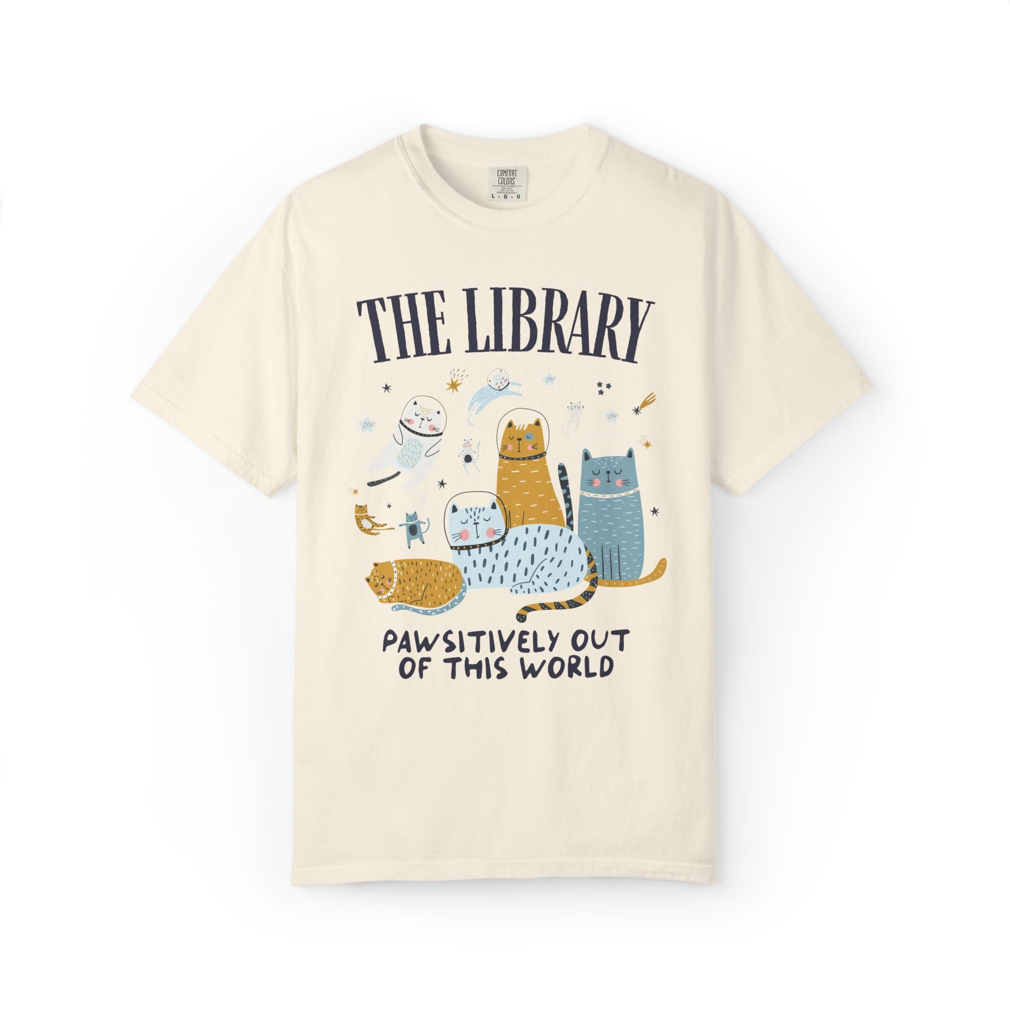 School Librarian Space Cat Tee Shirt with Astronaut Kittens and Stars: Pawsitively Out of This World Teacher Team T-Shirt for Cat Lover