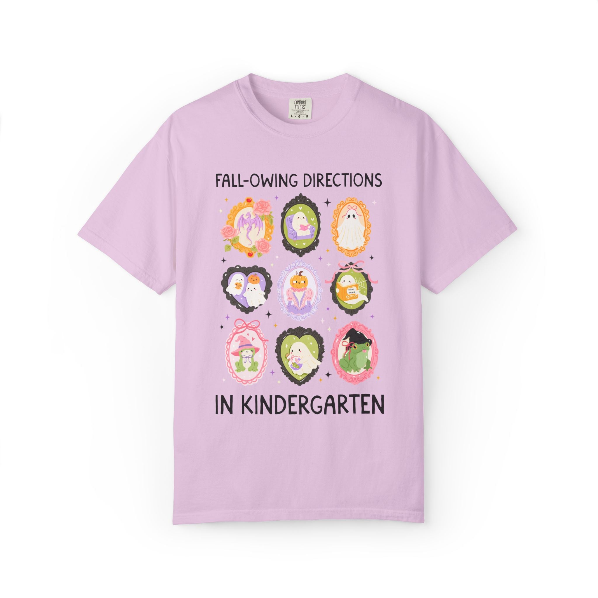 Kindergarten Halloween Teacher Tee: Fall-Owing Directions Pastel Goth Teacher Team T-Shirt for Fall, Cute Spooky Season Frog Tee with Ghosts