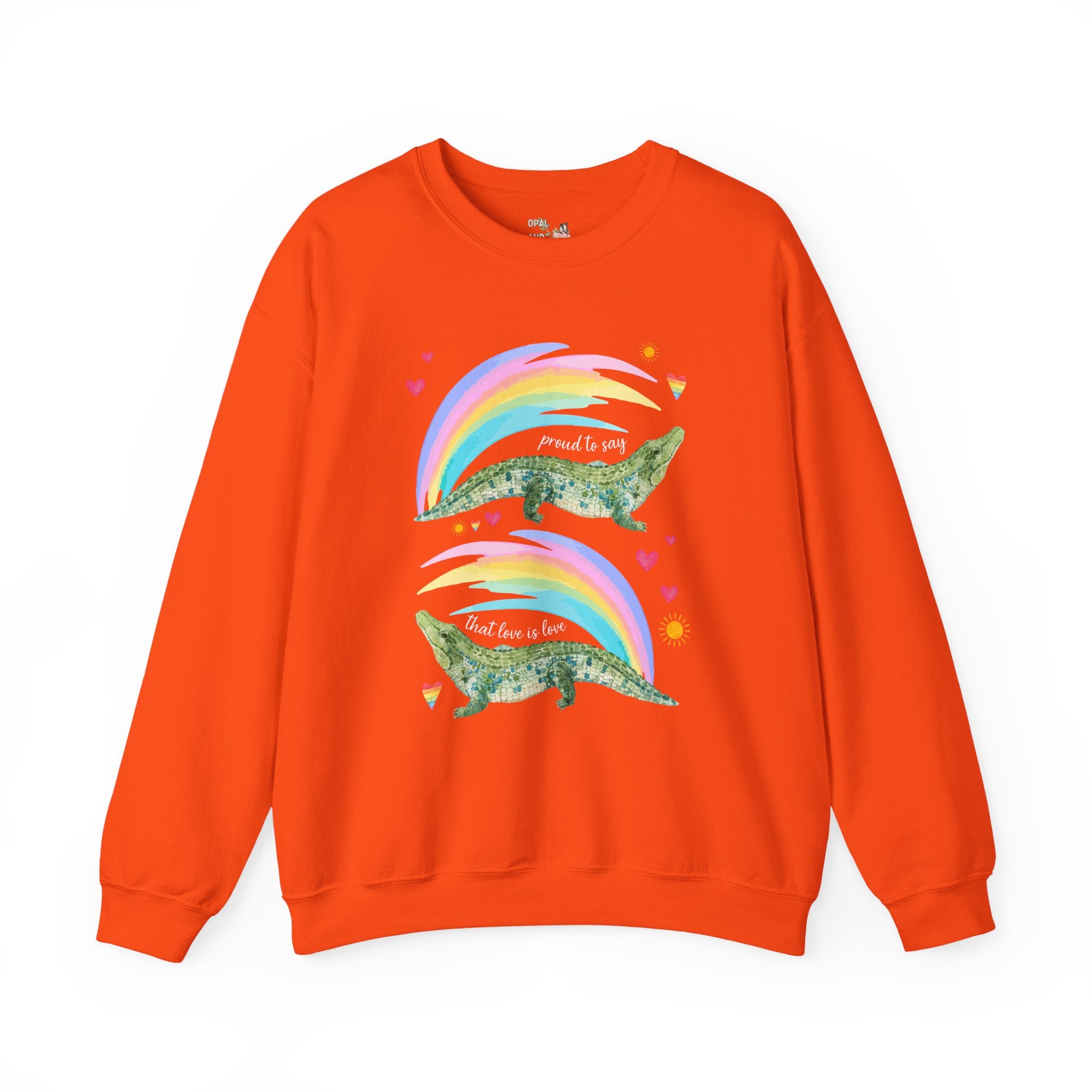 Proud to Say that Love is Love: Colorful Alligator Sweatshirt with Rainbow and Hearts, Gay Rights Nostalgic Animal Lover Crewneck for Pride Month