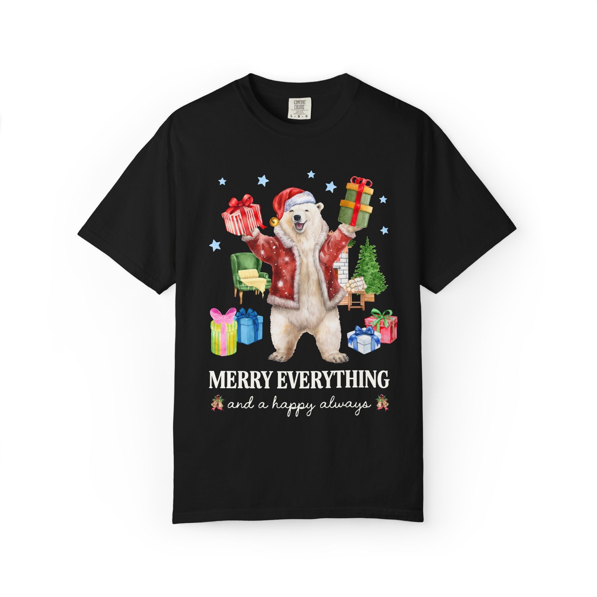 Kitschy Animal Lover Christmas Tee Shirt with Polar Bear Holding Presents: Merry Everything and a Happy Always, Silly Maximalist Xmas Tee