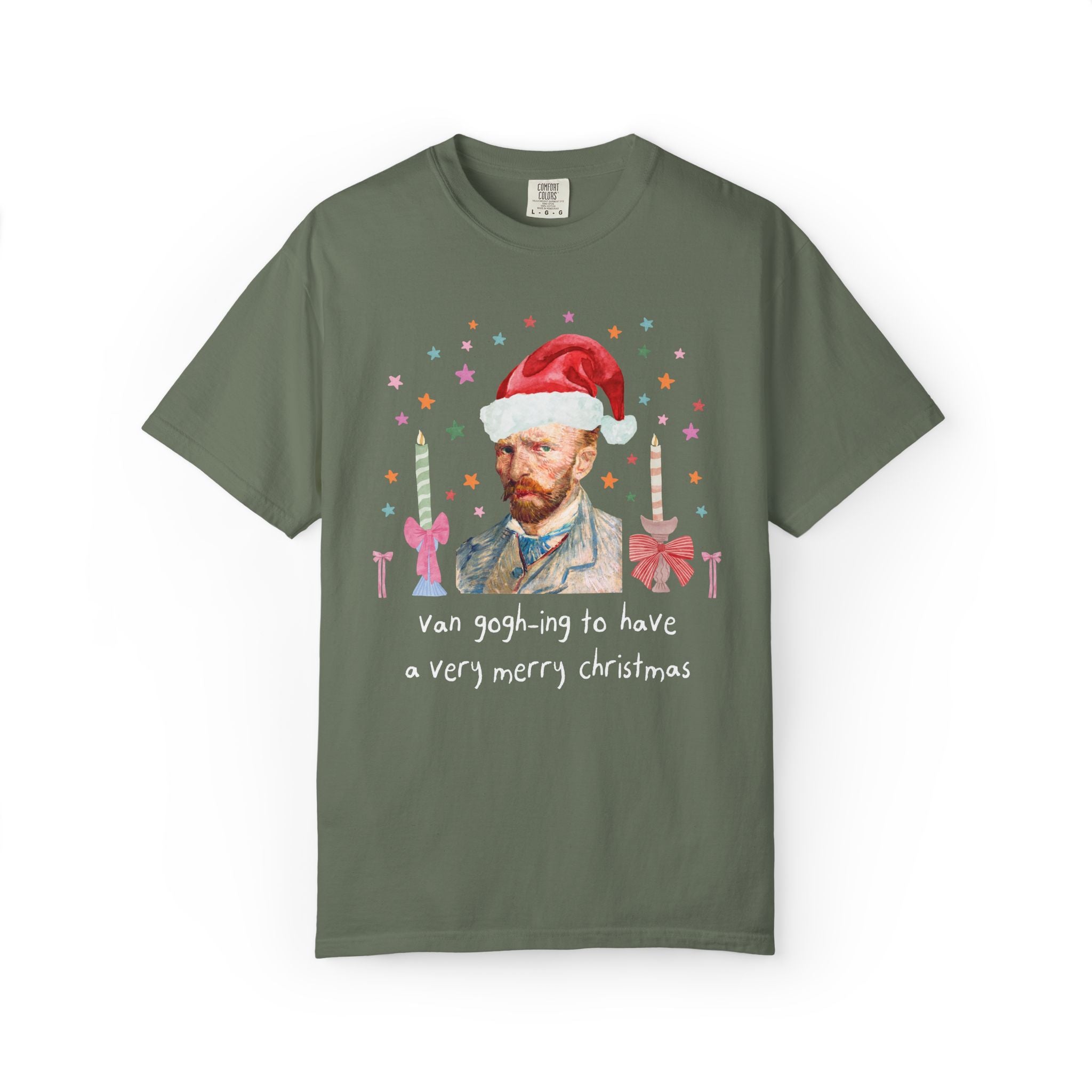 Christmas Art History Buff Tee Shirt with Vincent Van Gogh:Van Gogh-ing to Have a Very Merry Christmas, Silly Famous Painting Xmas Tee
