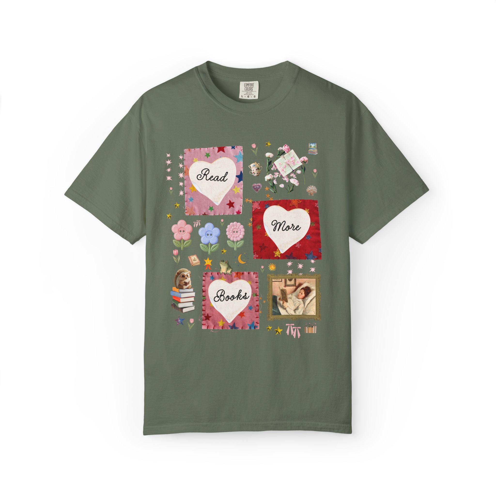 Read More Books Maximalist Collage T-Shirt with Hearts and Flowers, Whimsy Kitschy Soft Girl Style Tee Shirt for Book Lover or Bookworm