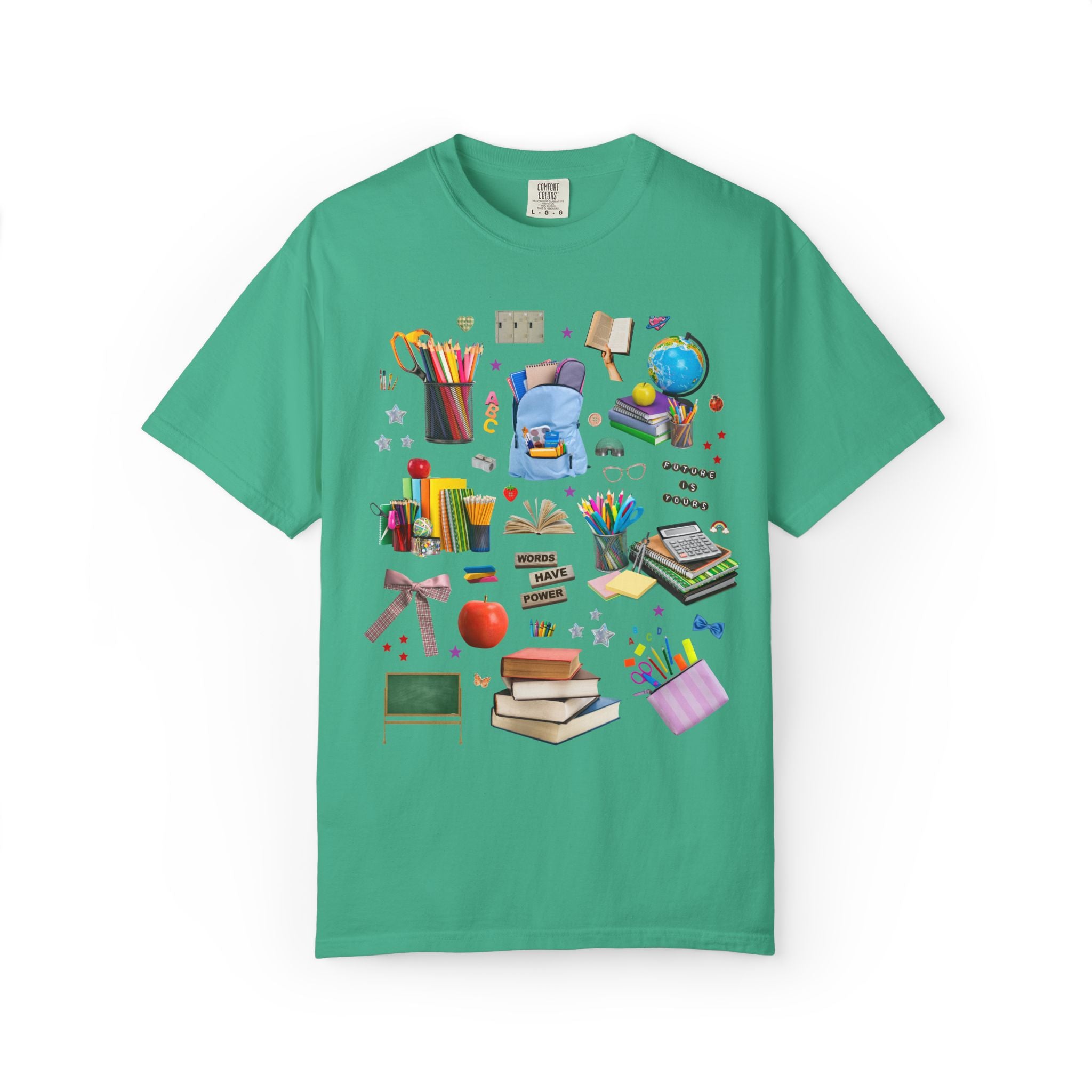 School Supply Matching Teacher T-Shirt for History Department or Middle School Office Staff, Words Have Power Education Collage with Stars