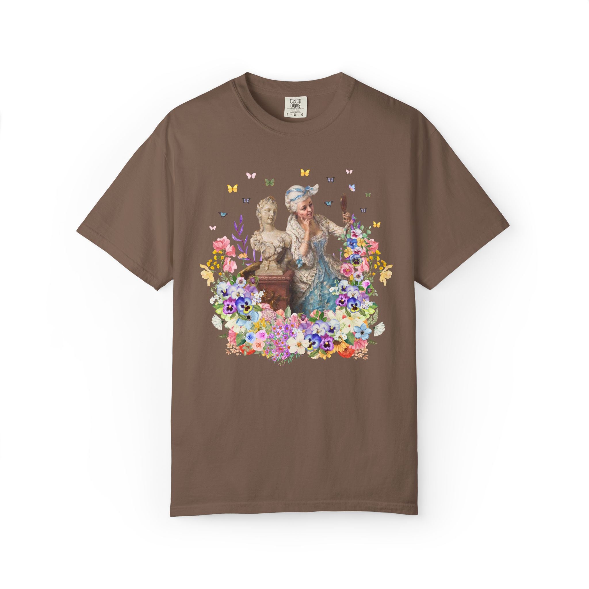 Classic Art History Statue Lover Tee Shirt for Artist Who Loves Roman History, Rococo Aesthetic Girly Maximalist Flower Collage T-Shirt