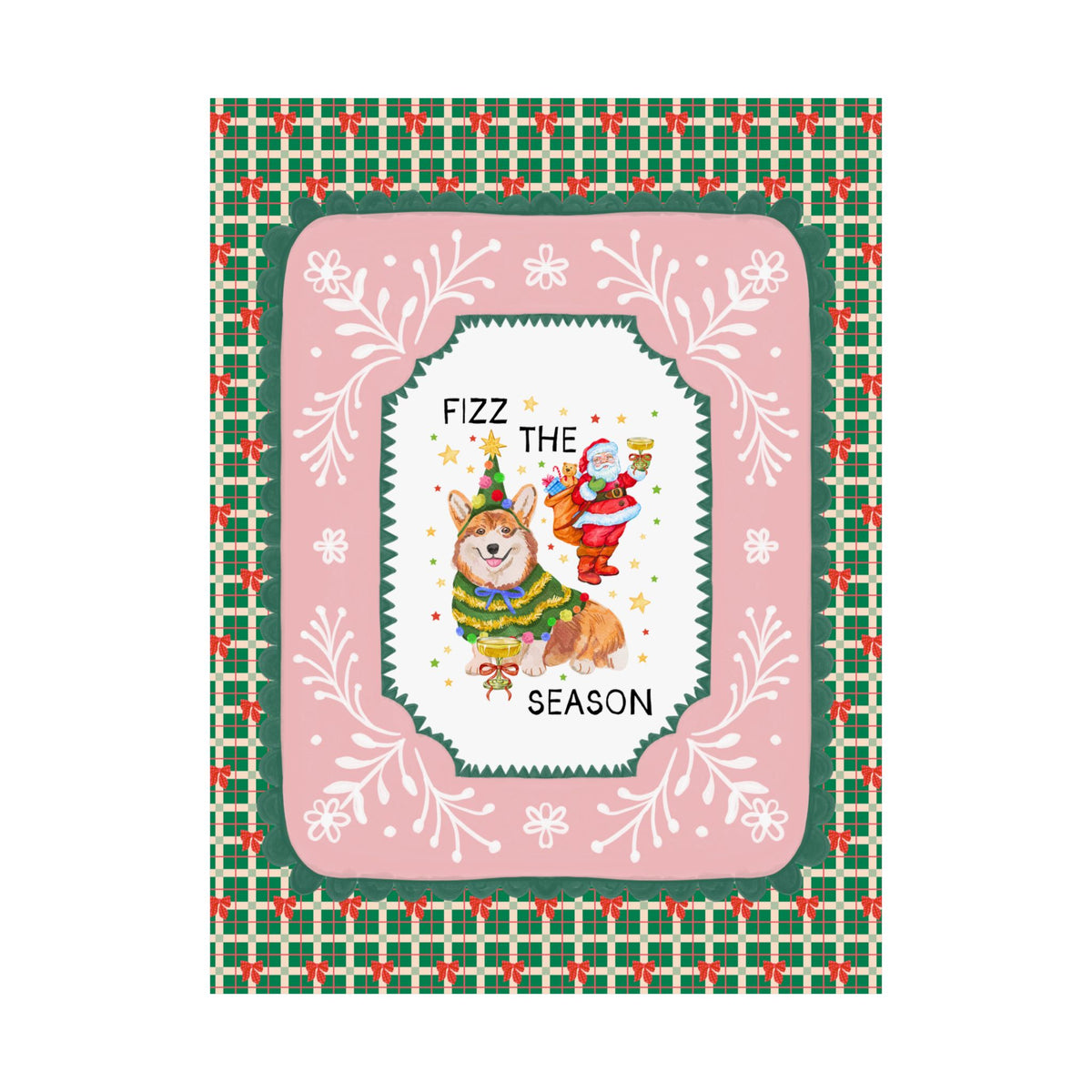 Fizz the Season: Funny Santa and Corgi Christmas Poster Print with Stars, Cute Holiday Drinking Wall Decor for Friend Group or Family