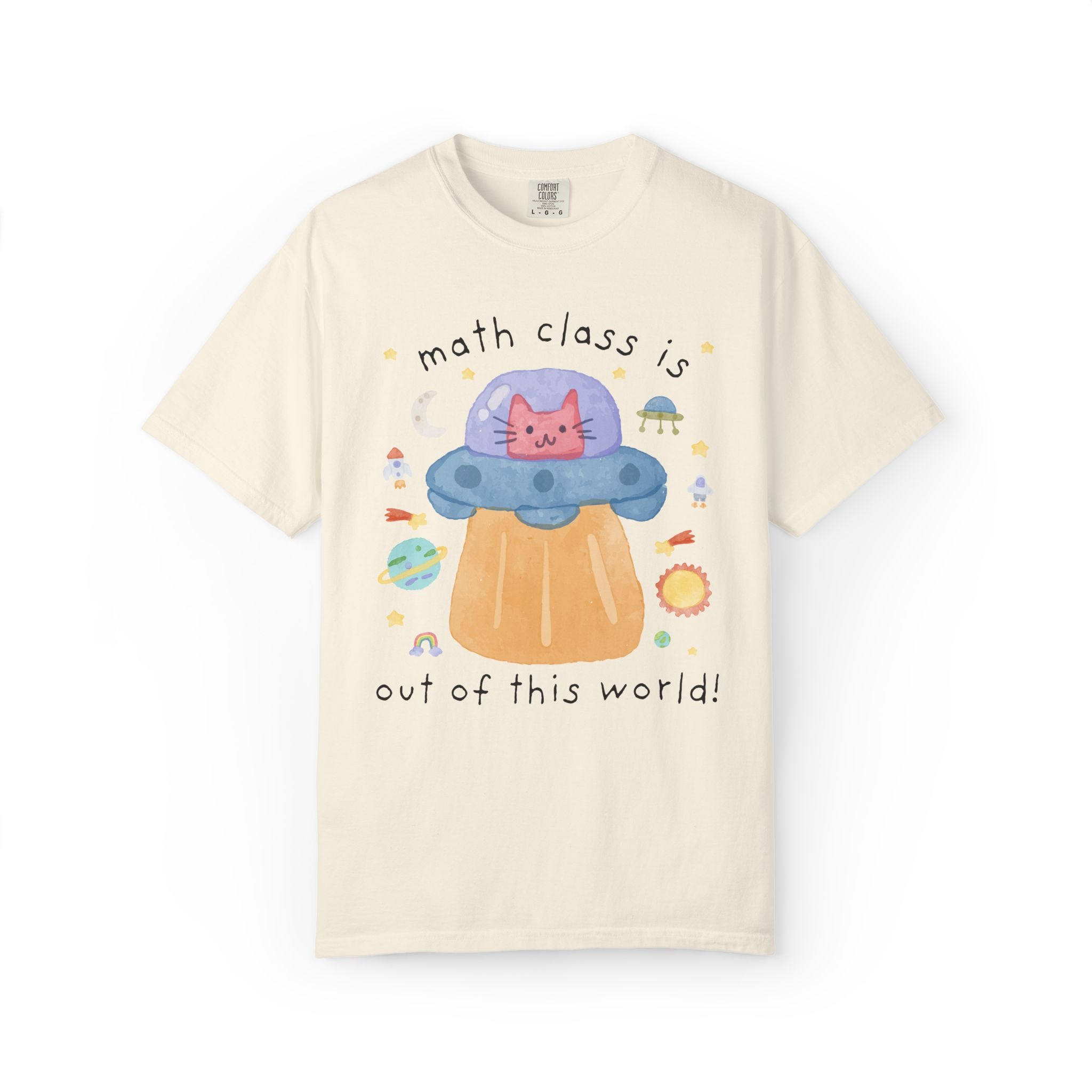 Matching Cat Mom Teacher Tee Shirt with Kitten in a UFO: Learning is Out of this World 90s Throwback Tee for Grade Level, Science Teacher