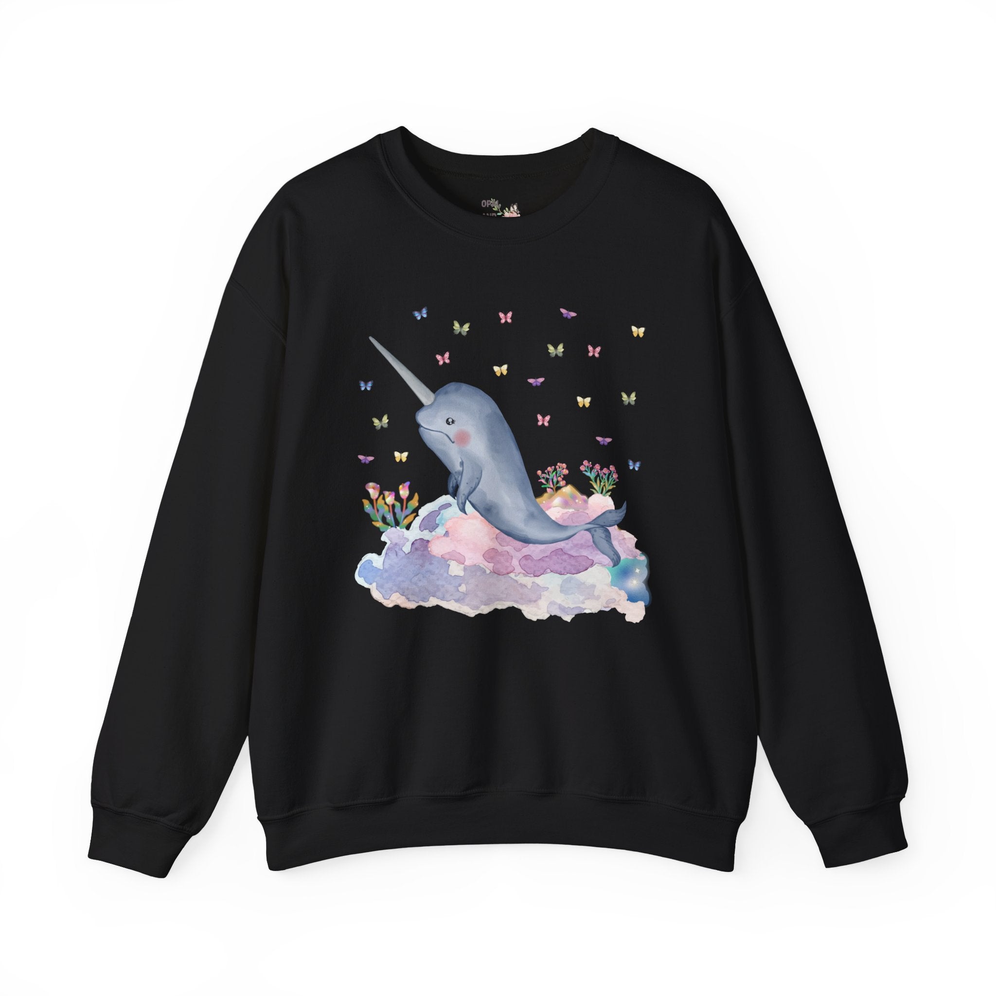 Pastel Narwhal Sweatshirt with Butterflies and Plants: Nineties Throwback Shirt | Creative Ocean Gift for Science Teacher or Biology Major