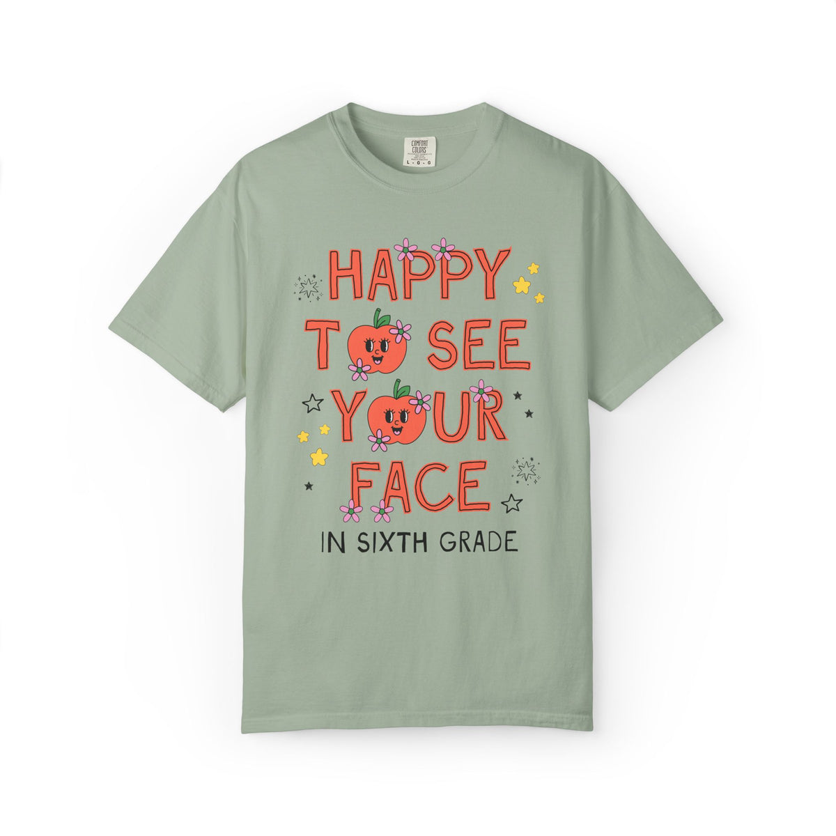 Sixth Grade Teacher Team Tee Shirt: Happy to See Your Face | Cute Back to School T-Shirt with Retro Apples and Flowers, First Day of School