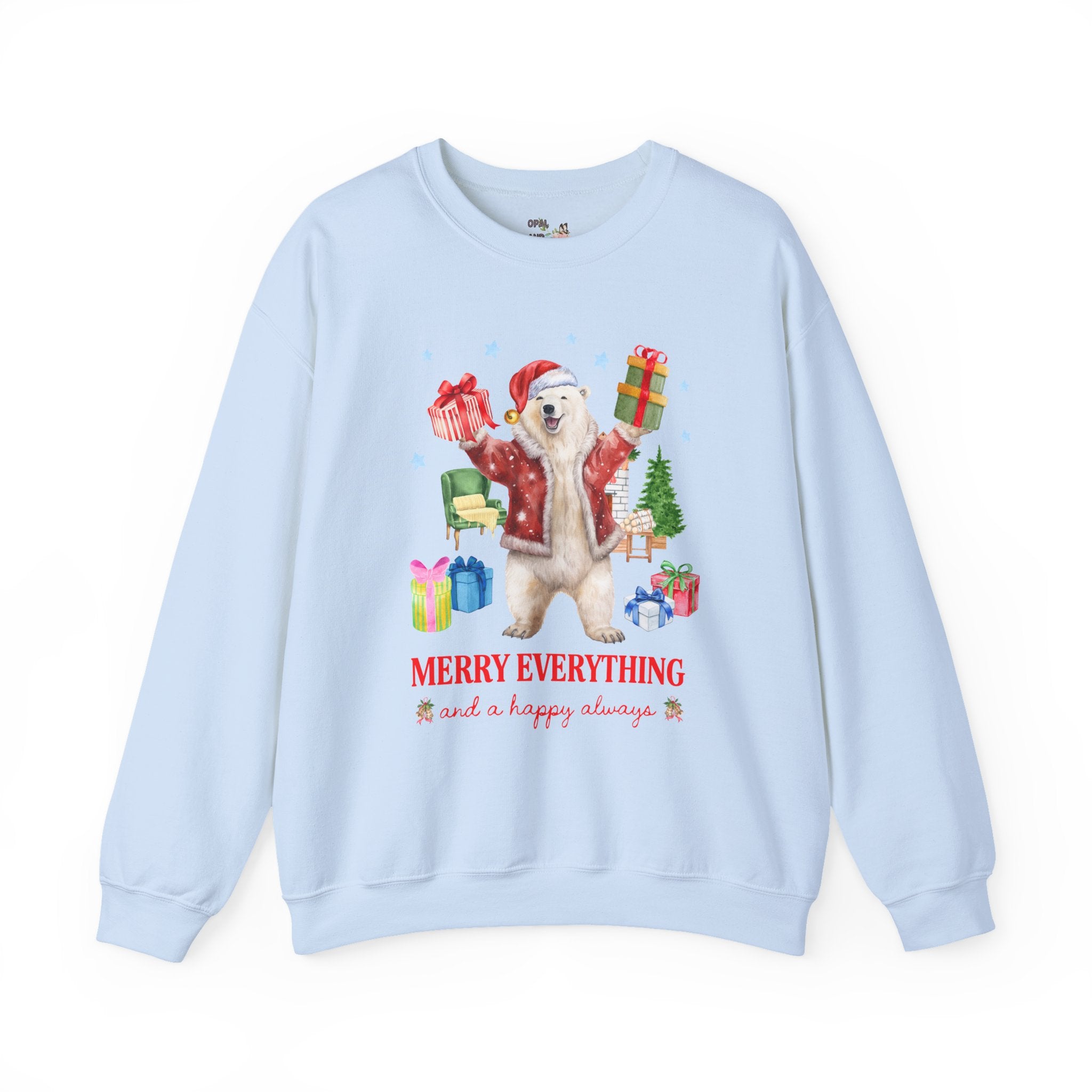 Kitschy Animal Lover Christmas Sweatshirt with Polar Bear Holding Presents: Merry Everything and a Happy Always, Silly Maximalist Xmas Crewneck