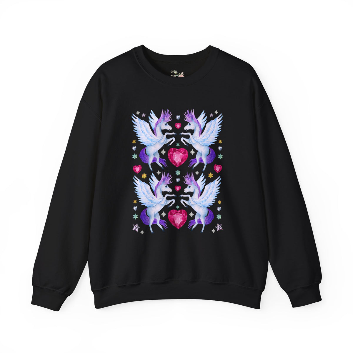 Horse Lover Nostalgic Blue and Purple Pegasus Sweatshirt with Hearts: Cute and Silly Y2K Aesthetic Animal Lover Crewneck for Fantasy Reader Bookworm