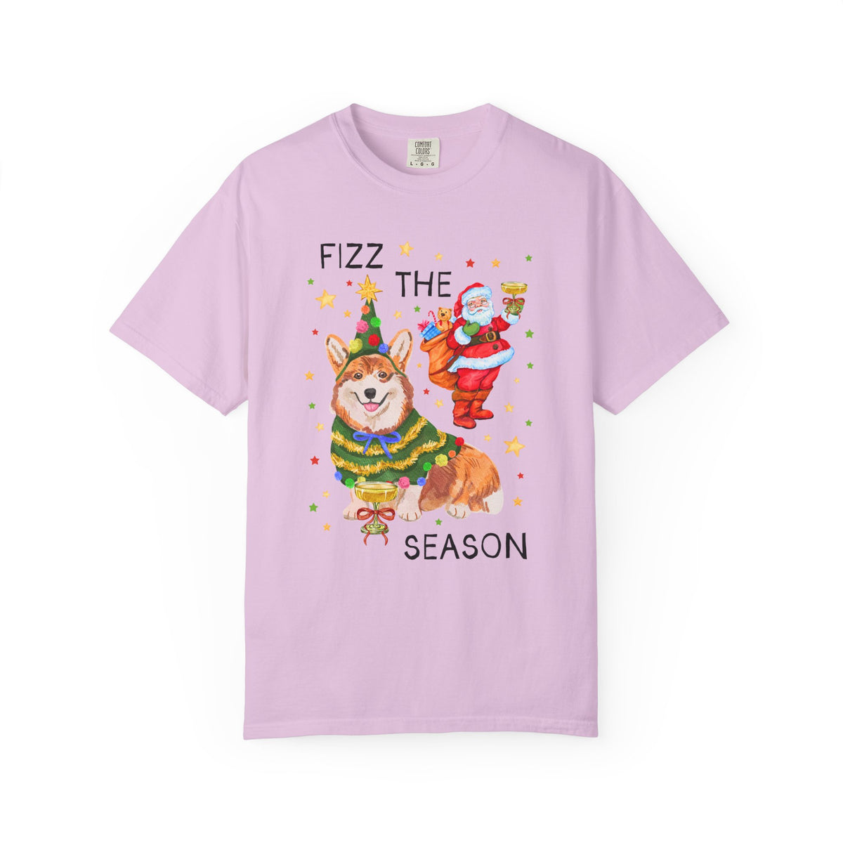 Fizz the Season: Funny Santa and Corgi Christmas T-Shirt with Stars, Cute Holiday Drinking Tee Shirt for Friend Group or Family