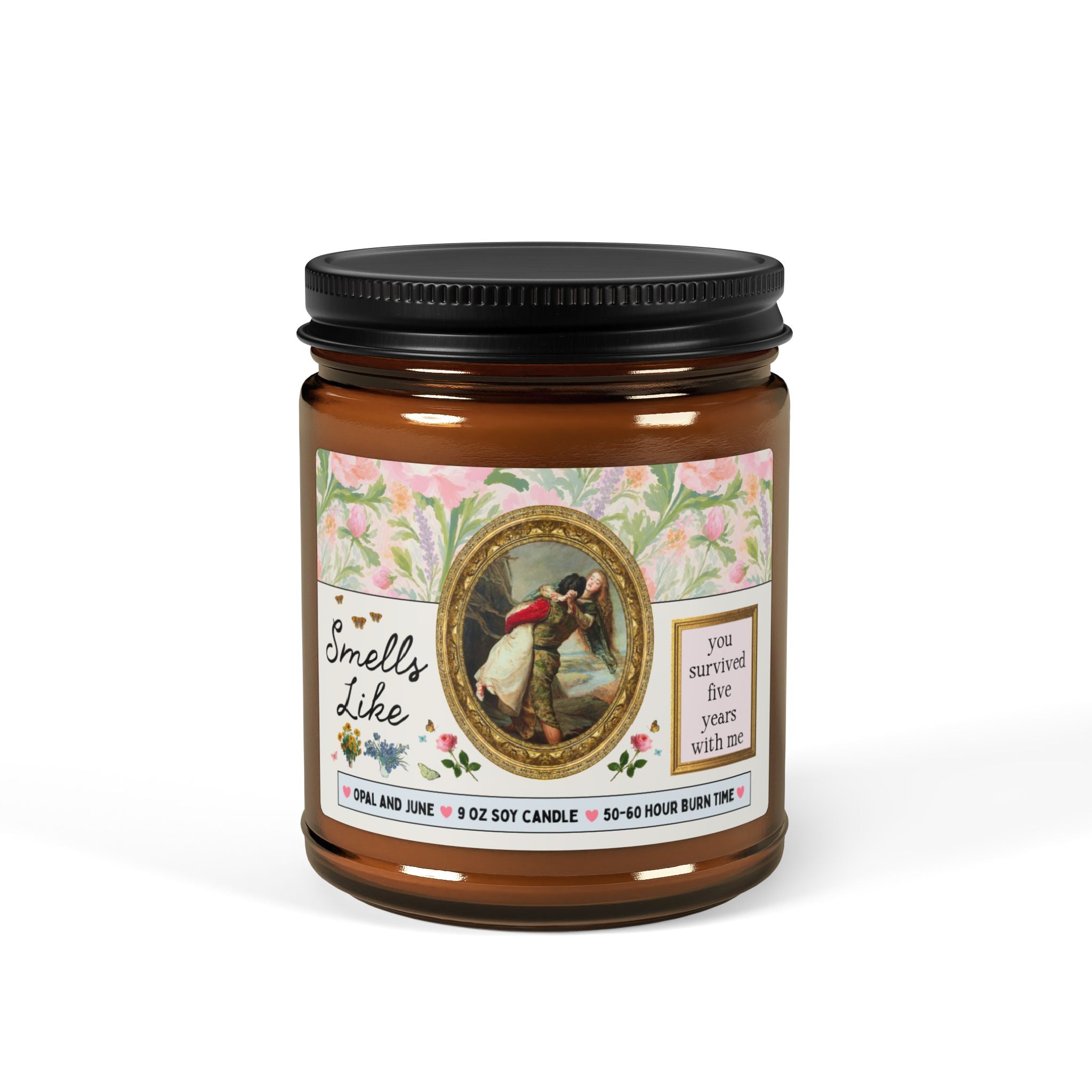 Five Year Anniversary Gift: Smells Like You Survived Five Years with Me Candle, Funny Art History Buff 9 Oz Soy Candle with Famous Painting