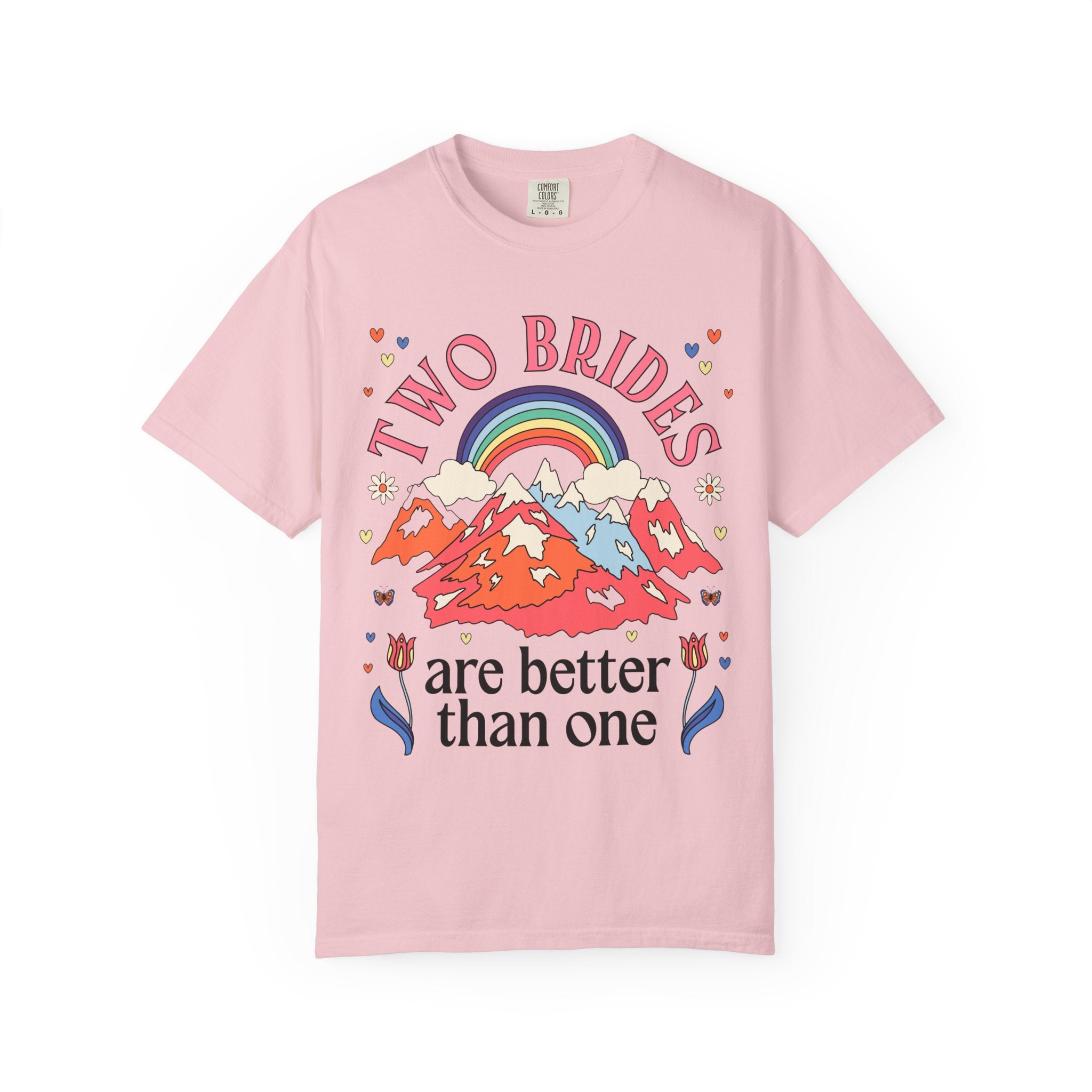 Lesbian Bachelorette Tee Shirt for LGBTQ Wedding Party: Two Brides are Better Than One Nostalgic 70s Aesthetic Rainbow Tee for Bridesmaids