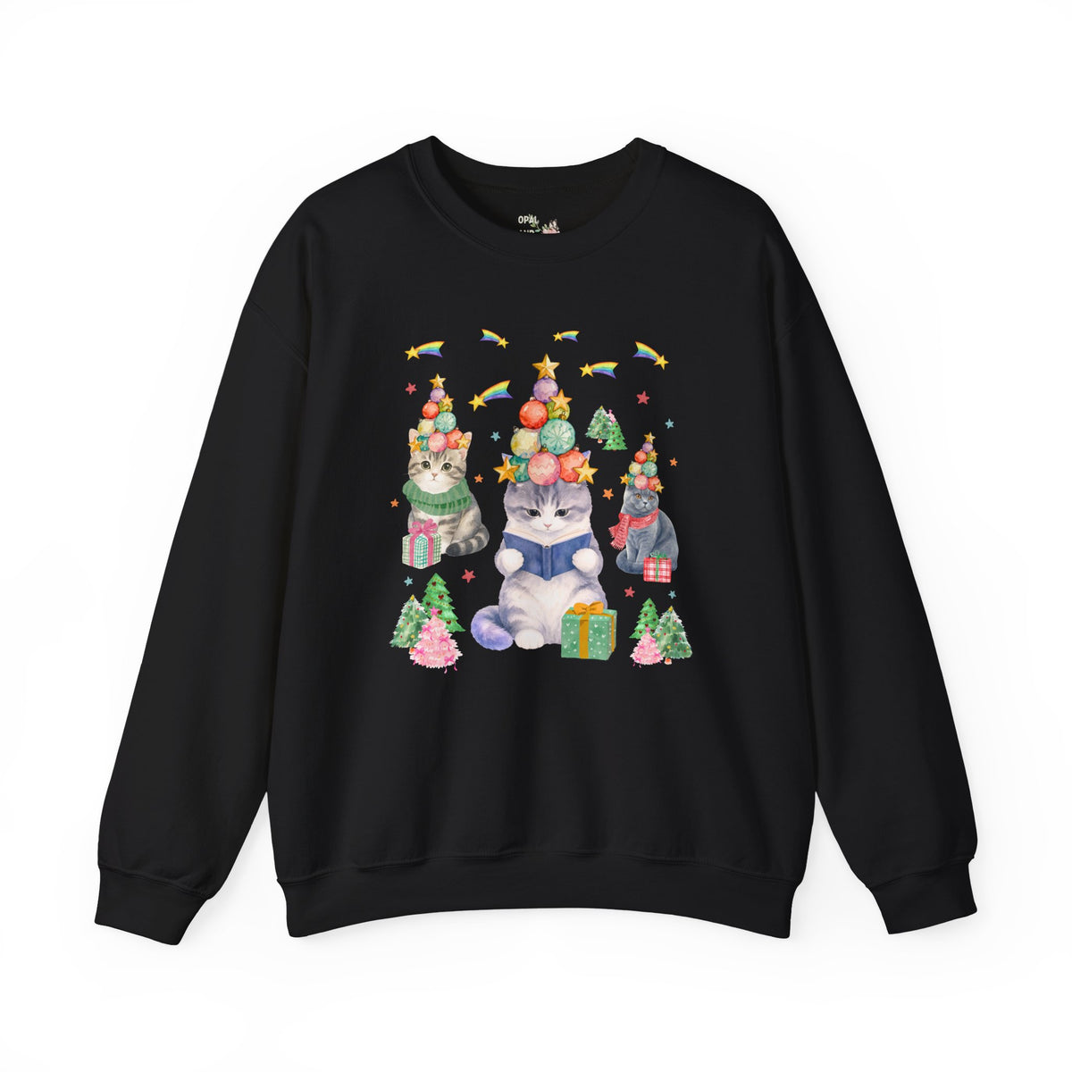 Bookish Cat Christmas Sweatshirt with Shooting Rainbow Stars, Funny Dreamcore Kitten 90s Aesthetic Crewneck for Cat Mom or Cat Dad, Animal Lover Shirt