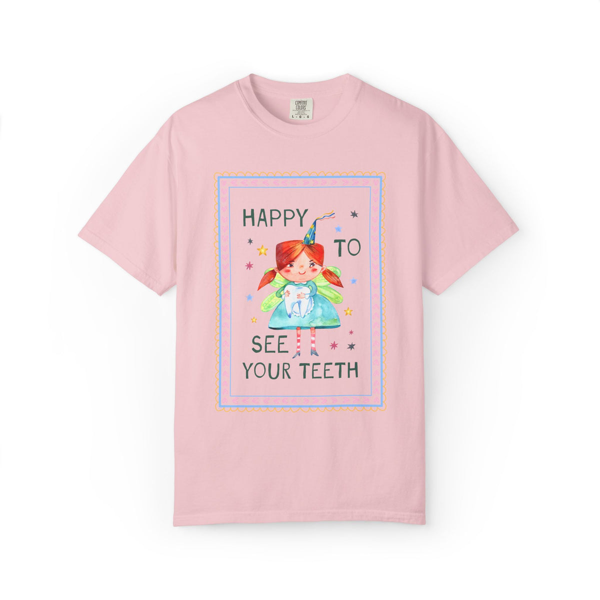 Happy to See Your Teeth: Funny Dentist or Dental Assistant T-Shirt with Tooth Fairy Holding a Tooth, Silly New Dentist Tee with Stars