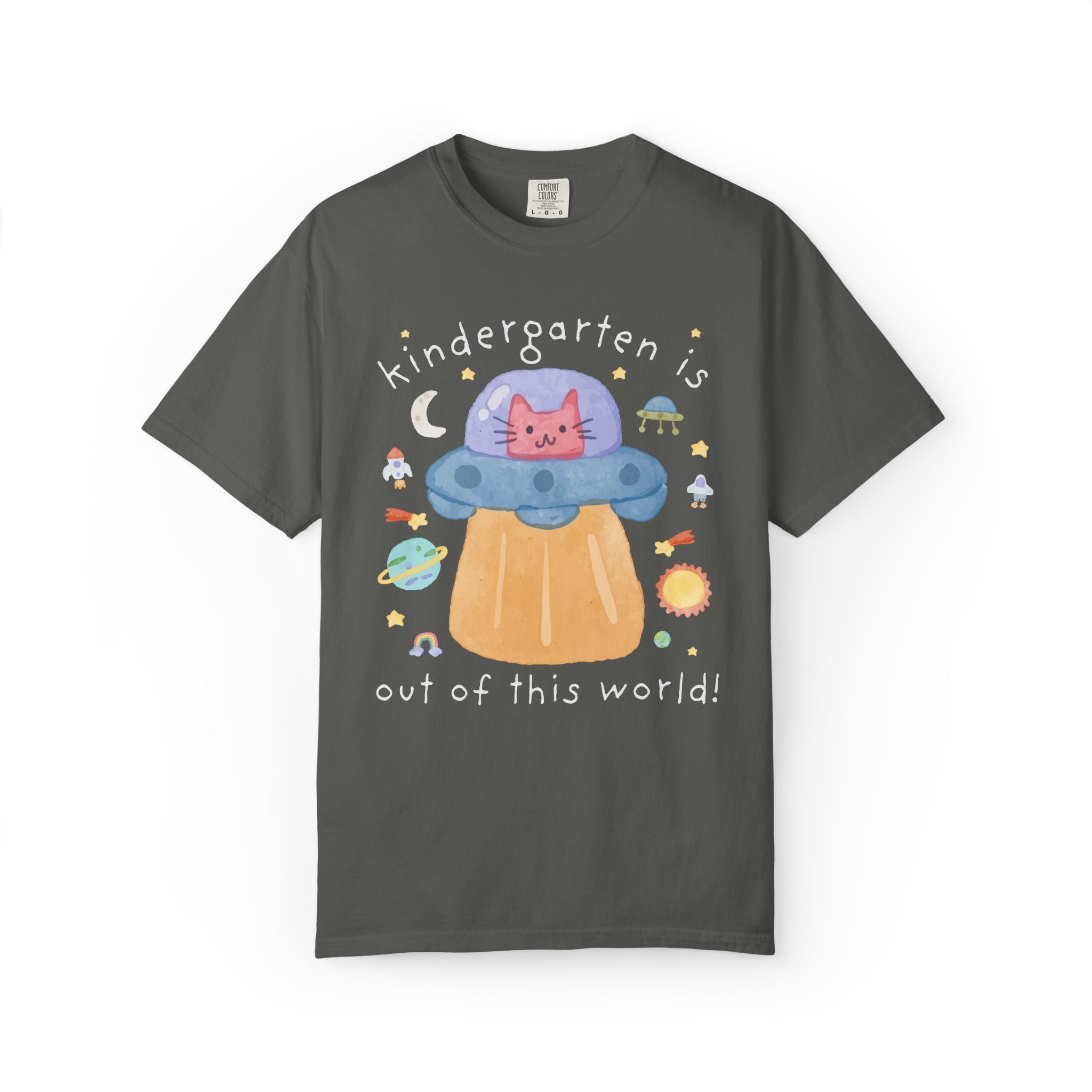 Matching Cat Mom Teacher Tee Shirt with Kitten in a UFO: Learning is Out of this World 90s Throwback Tee for Grade Level, Science Teacher