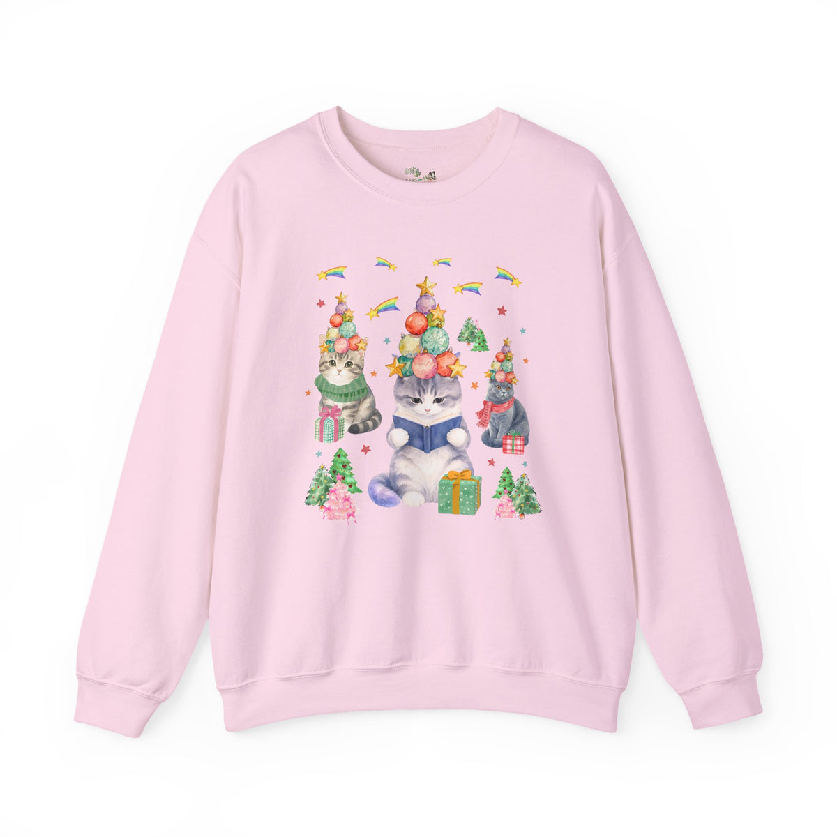 Bookish Cat Christmas Sweatshirt with Shooting Rainbow Stars, Funny Dreamcore Kitten 90s Aesthetic Crewneck for Cat Mom or Cat Dad, Animal Lover Shirt