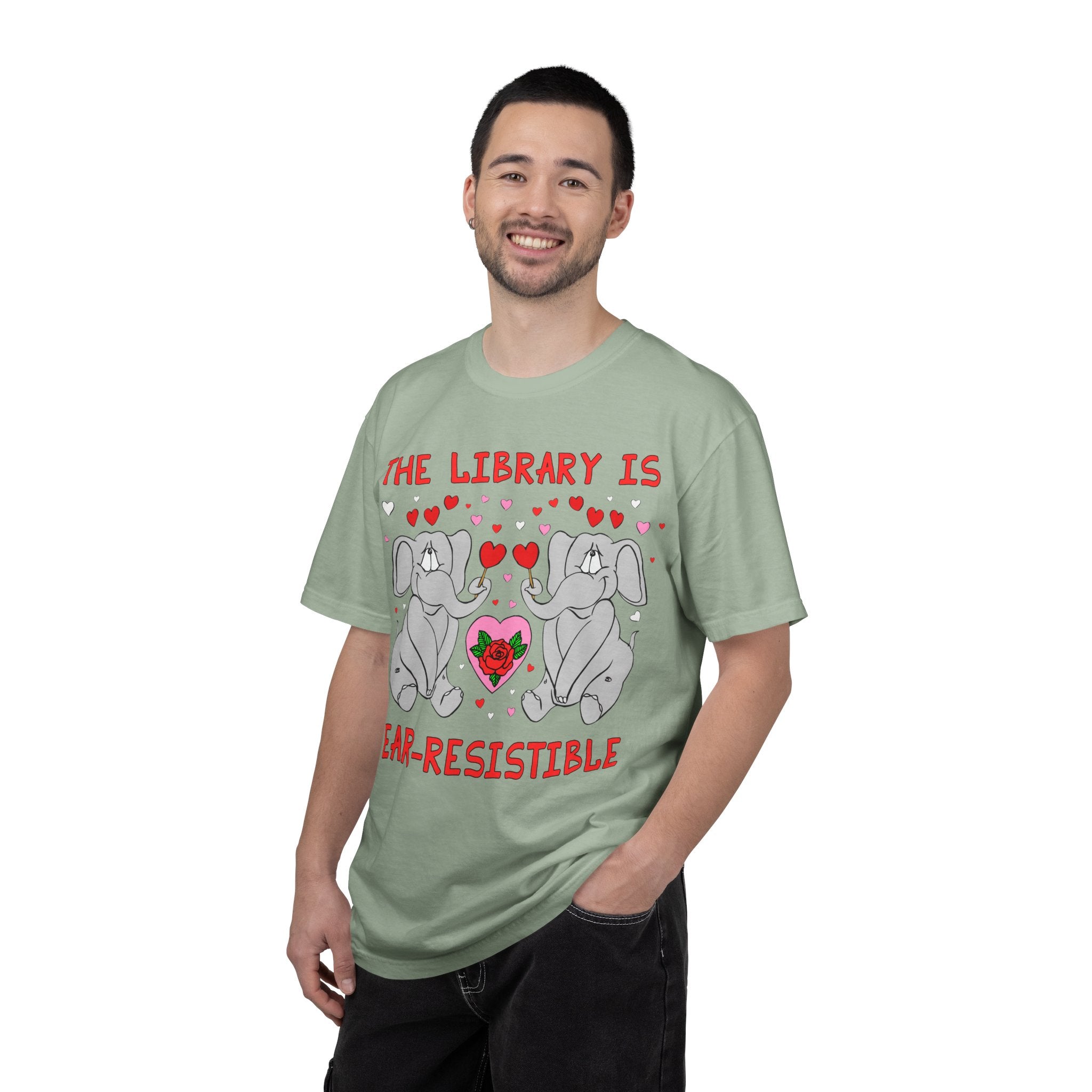 The Library is Ear-Resistible! Valentine's Day Teacher Tee: Funny Animal Lover T-Shirt with Elephant and Hearts, Cute Matching Teacher Tee