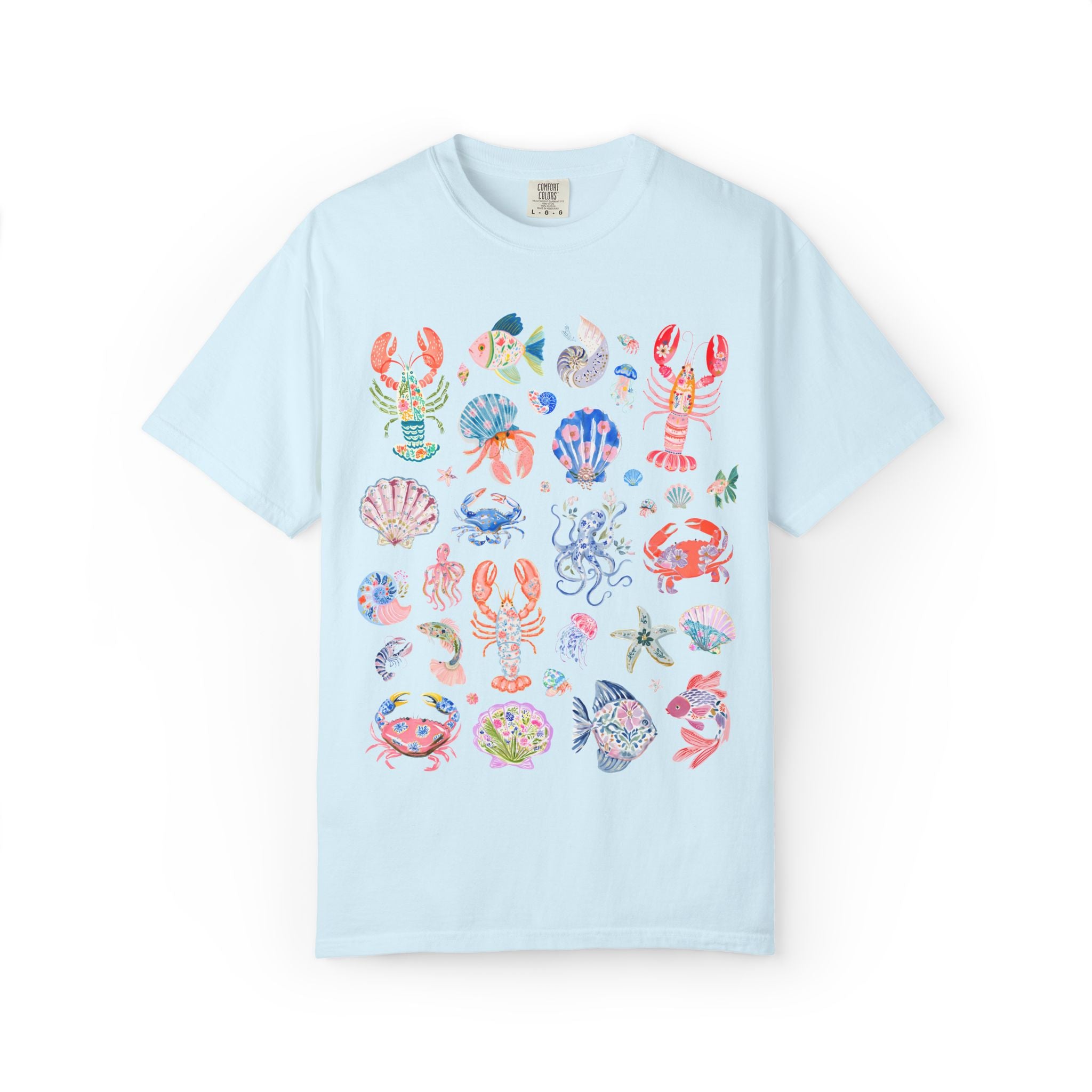 Floral Ocean Animal Lover Tee Shirt with Fish, Crabs, and Lobsters: Boho Flower Goblincore Tee for Trip to Beach, Matching Cruise Shirt