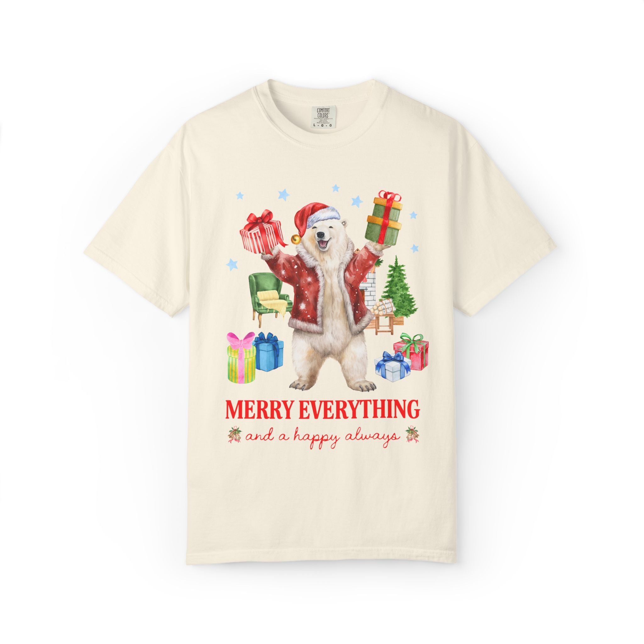 Kitschy Animal Lover Christmas Tee Shirt with Polar Bear Holding Presents: Merry Everything and a Happy Always, Silly Maximalist Xmas Tee