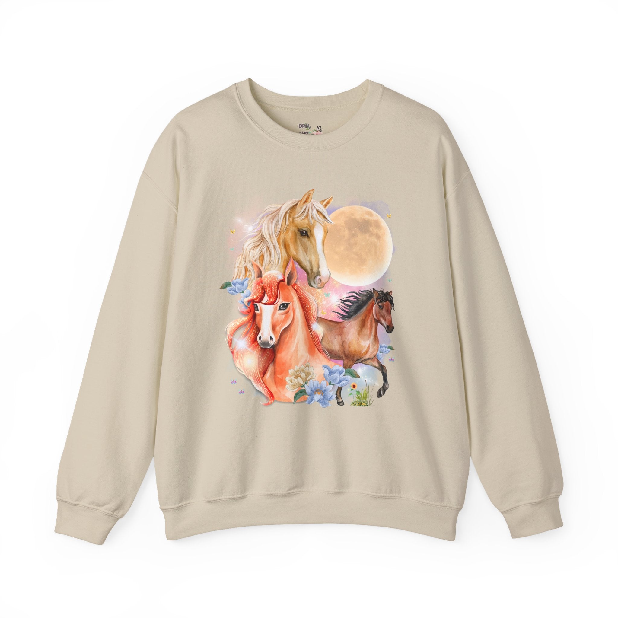 Horse Animal Lover Sweatshirt with Butterflies and Flowers: Retro Goblincore Crewneck with Moon, Silly 90s Throwback Equestrian Shirt, Horse Lover