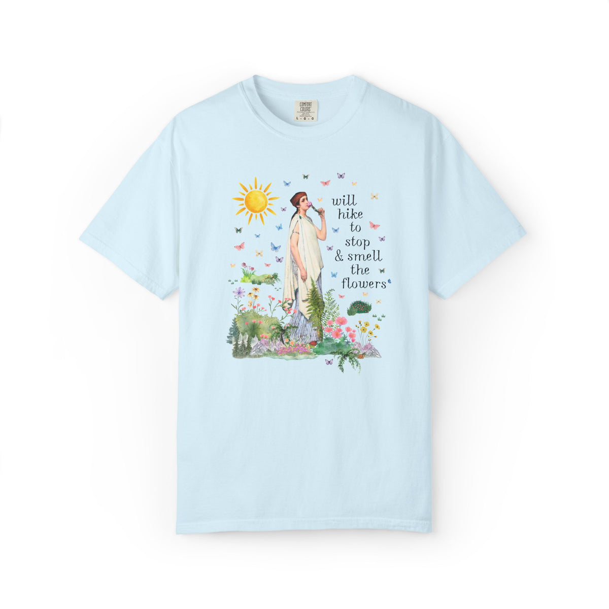 Hiking Art History Tee Shirt: Will Hike to Stop and Smell the Flowers, Funny Goblincore Hikinng Lover T-Shirt for Nature Lover or Gardener
