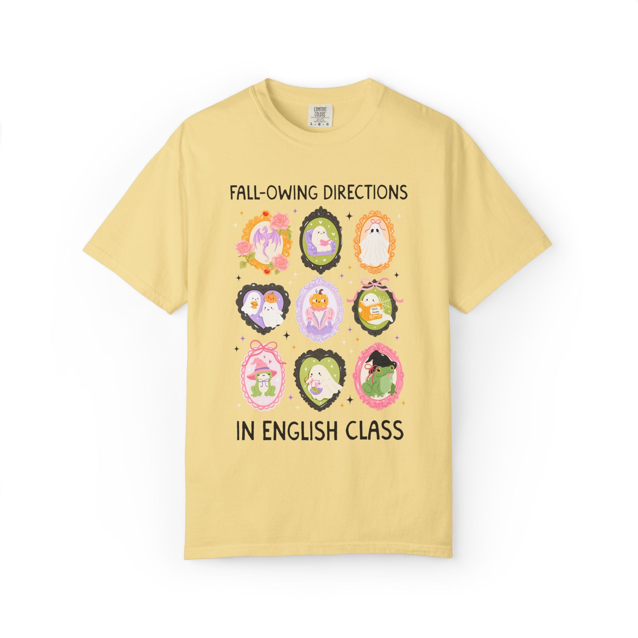 English Halloween Teacher Tee: Fall-Owing Directions Pastel Goth Teacher Team T-Shirt for Fall, Cute Spooky Season Frog Tee with Ghosts