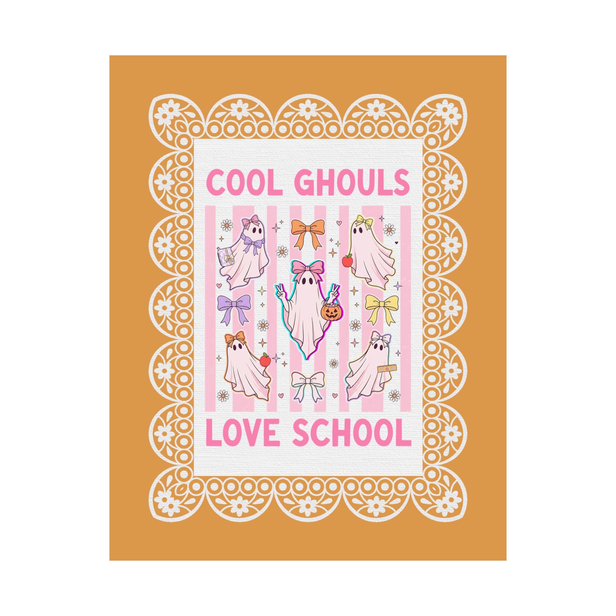 Cool Ghouls Love School Halloween Teacher Poster Print with Pink Stripes and Cute Ghosts, Matching Halloween School Office Staff Wall Decor