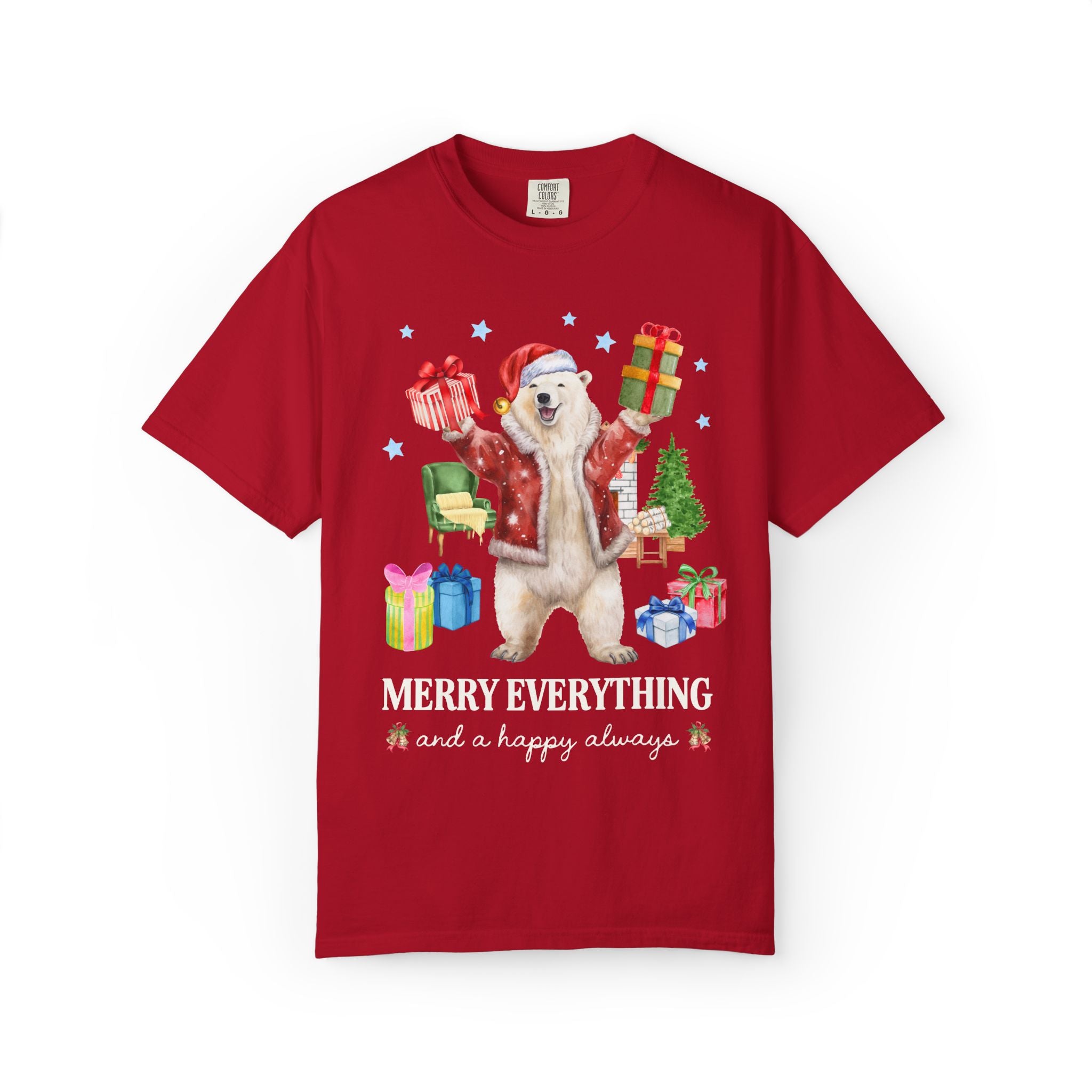 Kitschy Animal Lover Christmas Tee Shirt with Polar Bear Holding Presents: Merry Everything and a Happy Always, Silly Maximalist Xmas Tee
