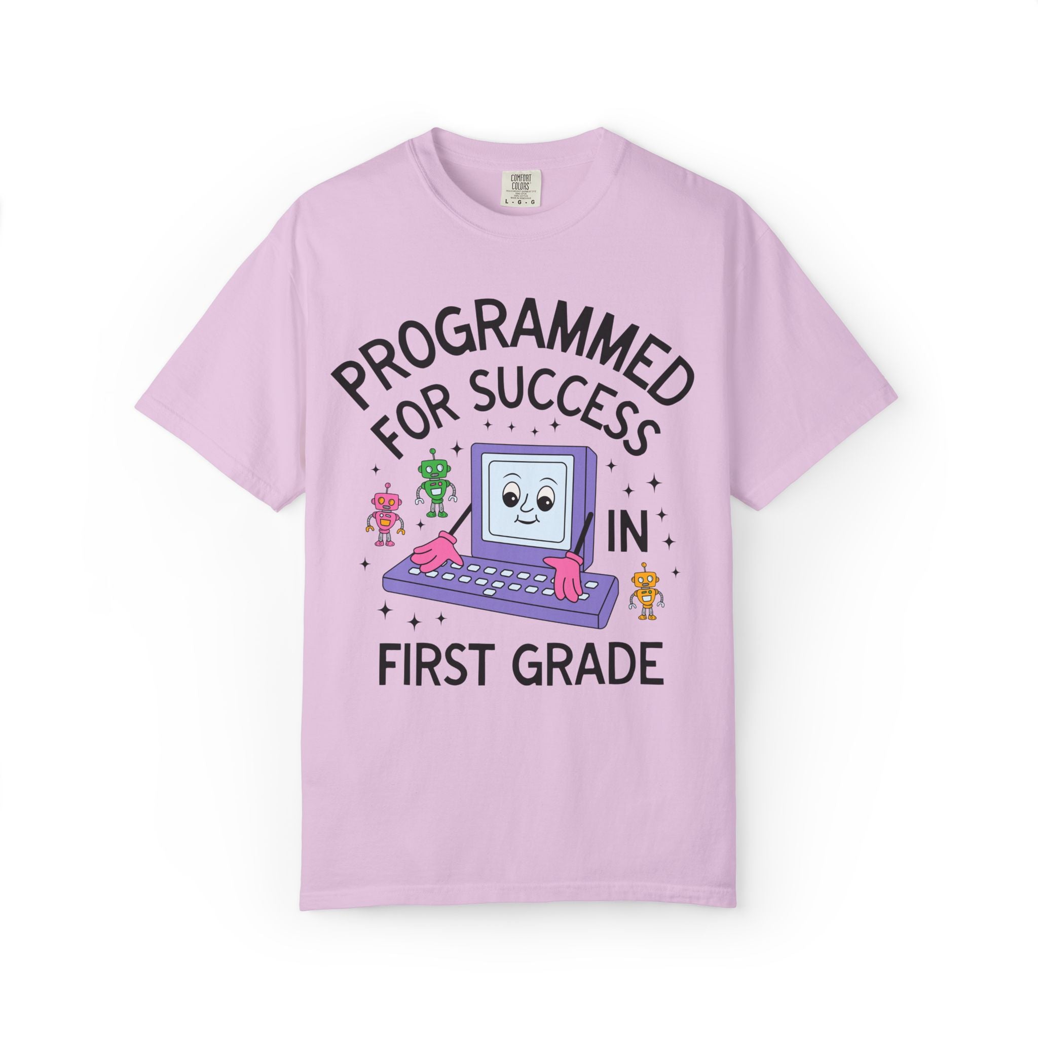First Grade Teacher Team T-Shirt: Programmed for Success in First Grade, Colorful 90s Aesthetic Computer Science Tee, Back to School