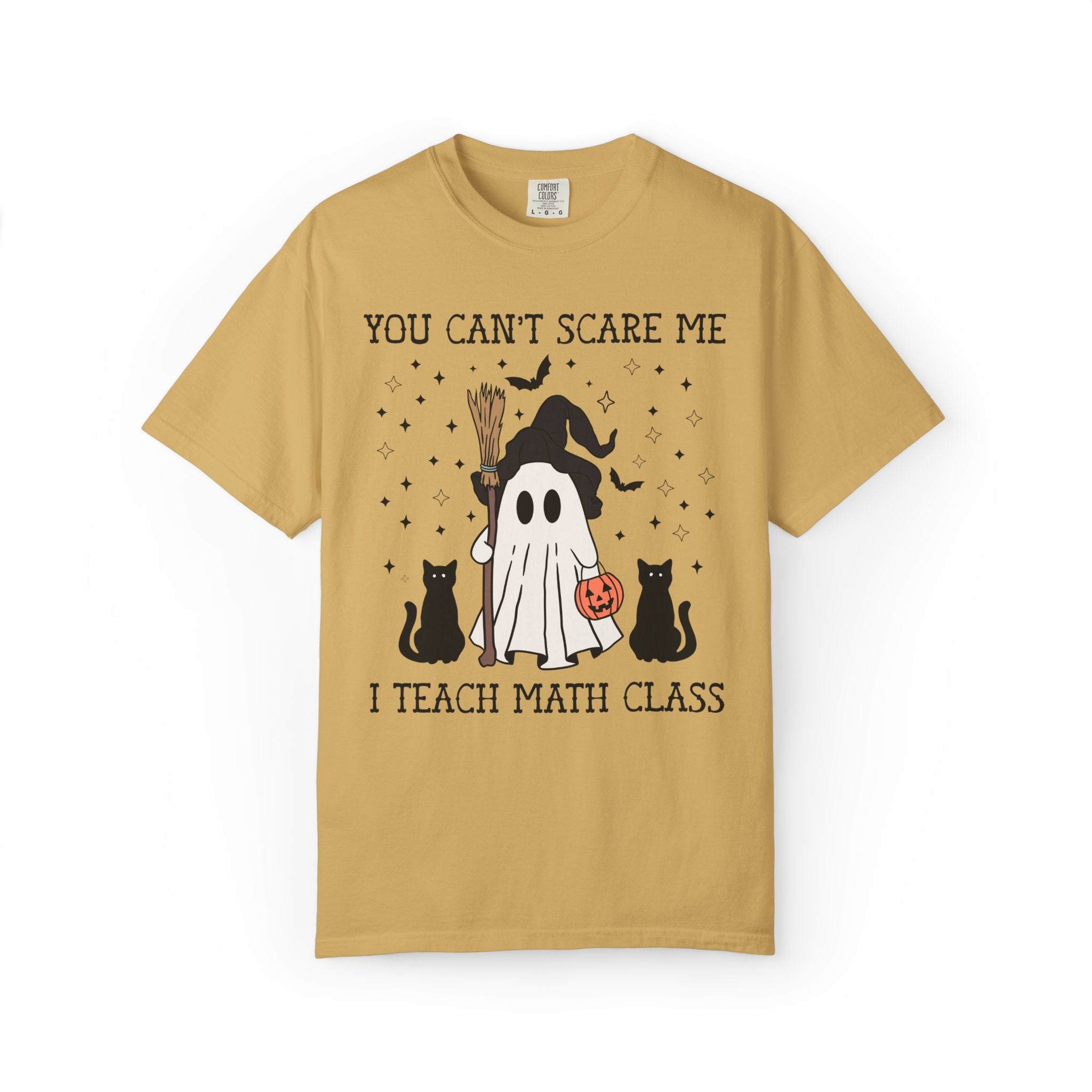 Math Teacher Halloween Tee Shirt with Witchy Ghost and Black Cats for Spooky Season: You Can't Scare Me, Math Department T-Shirt