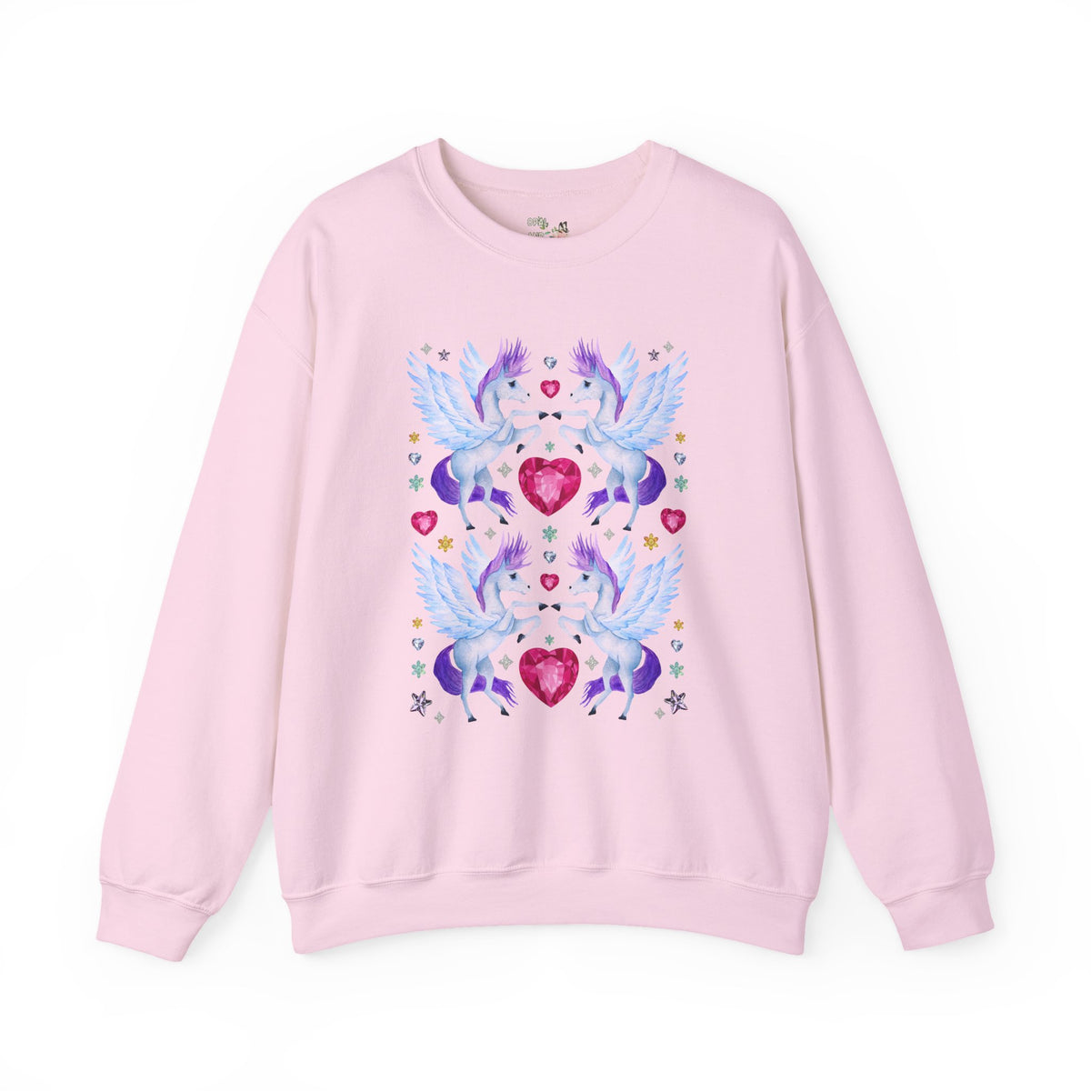 Horse Lover Nostalgic Blue and Purple Pegasus Sweatshirt with Hearts: Cute and Silly Y2K Aesthetic Animal Lover Crewneck for Fantasy Reader Bookworm