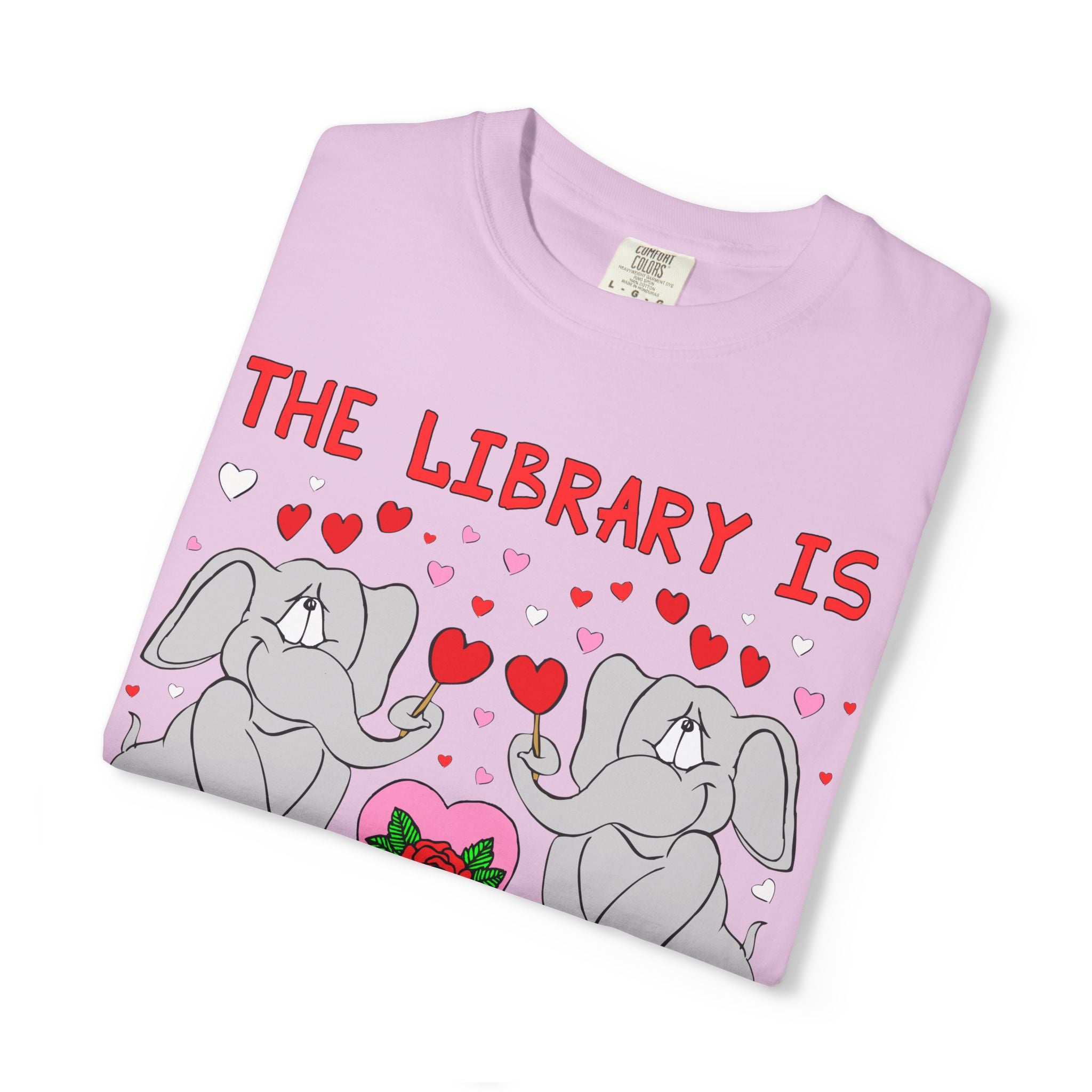 The Library is Ear-Resistible! Valentine's Day Teacher Tee: Funny Animal Lover T-Shirt with Elephant and Hearts, Cute Matching Teacher Tee